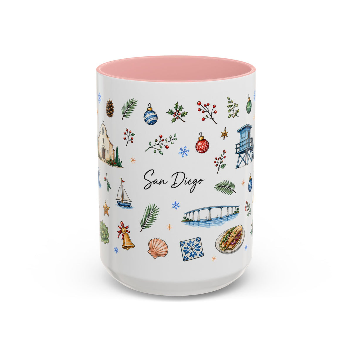 San Diego Christmas Mug | Watercolor City Souvenir, Holiday Travel Gift (11oz/15oz)