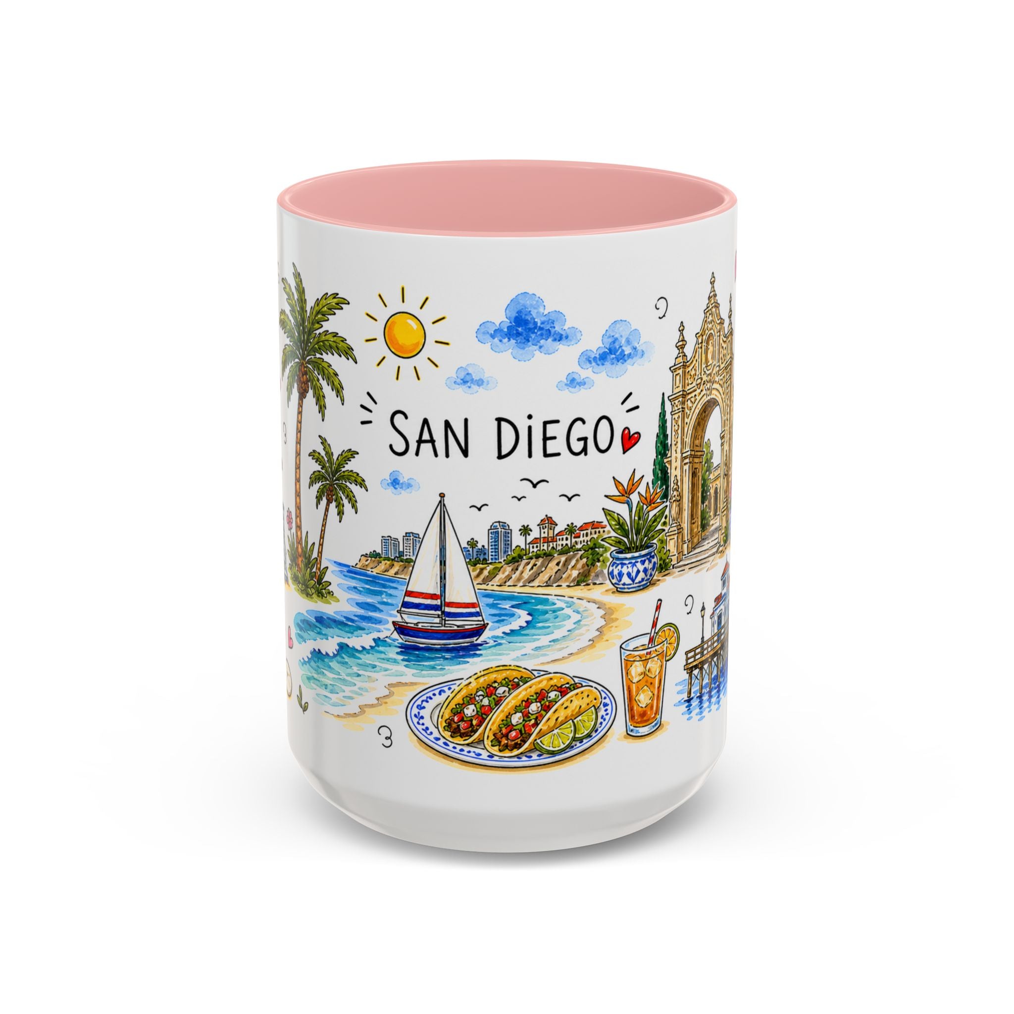San Diego Illustrated Travel Mug | City Souvenir Accent Coffee Mug | 11oz 15oz Ceramic Cup
