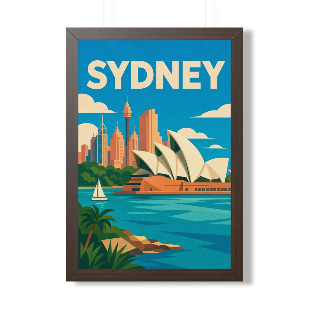 Sydney Opera House Australia Framed Poster | Vintage Travel Wall Art | Black Walnut White Frame | 16x24 20x30