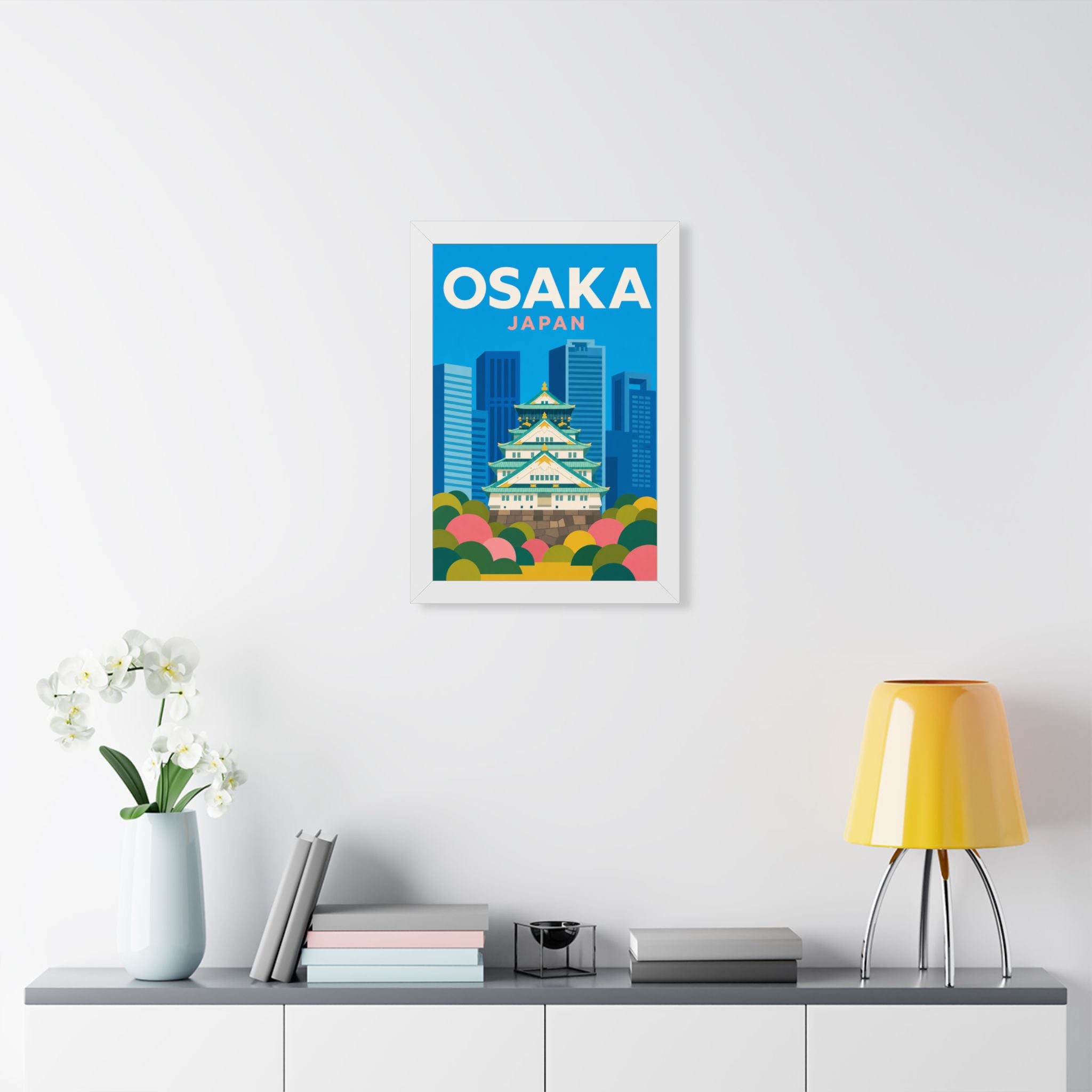 Osaka Japan Framed Poster | Vintage Travel Wall Art | Black Walnut White Frame | 16x24 20x30