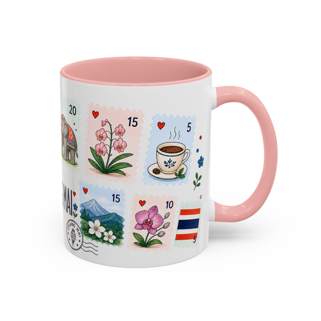 Chiang Mai Coffee Mug | Postage Stamp Collage Mug | Travel Souvenir Accent Cup 11oz 15oz