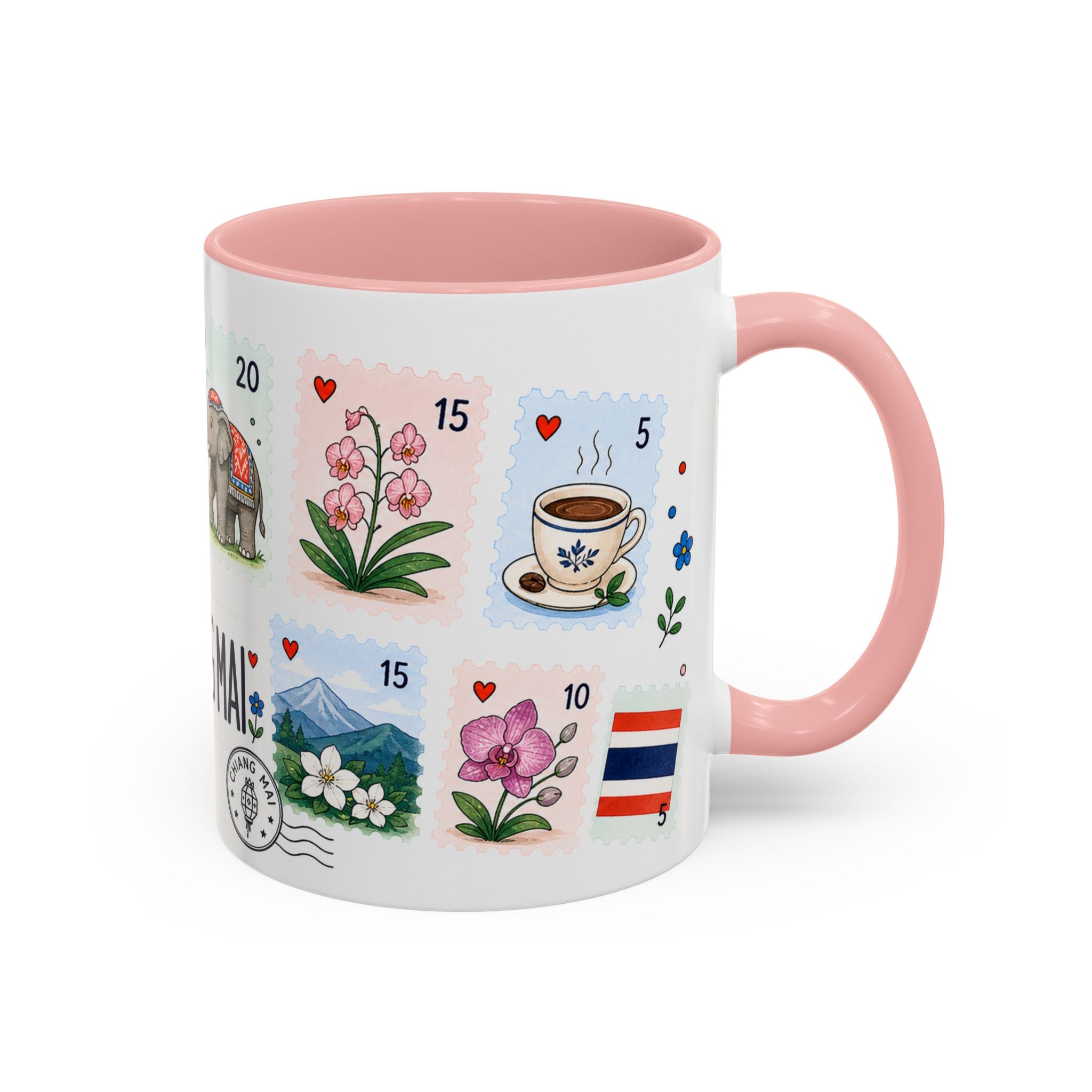 Chiang Mai Coffee Mug | Postage Stamp Collage Mug | Travel Souvenir Accent Cup 11oz 15oz