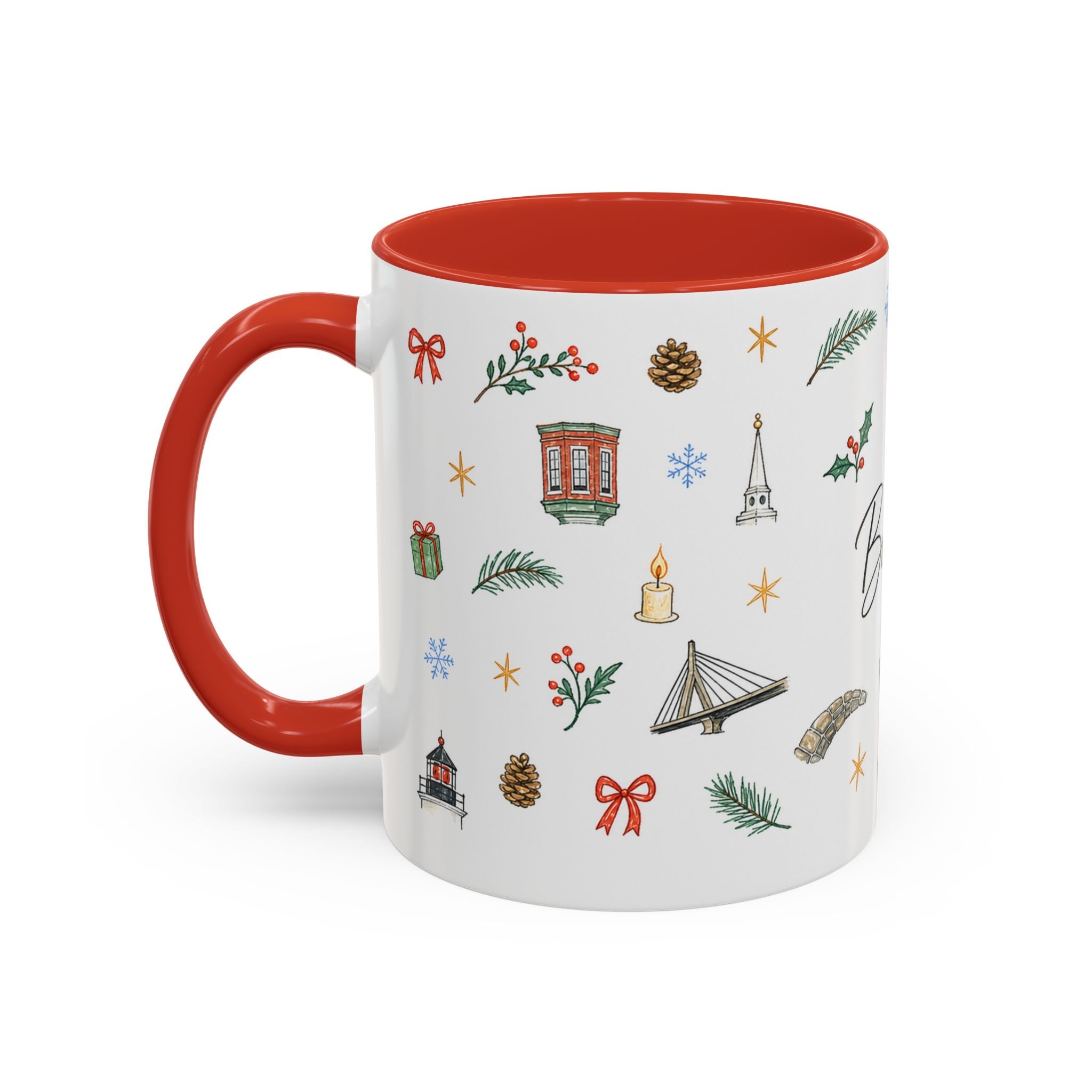 Boston Christmas Mug | Watercolor Travel Souvenir | Holiday Gift | Accent Ceramic Coffee Cup 11oz 15oz