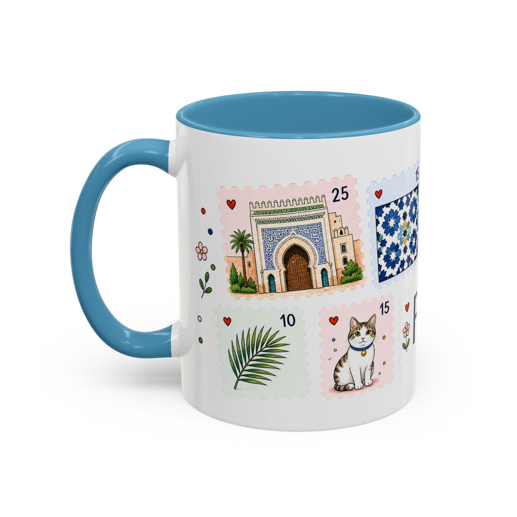 Fez Coffee Mug | Postage Stamp Collage Mug | Travel Souvenir Accent Cup 11oz 15oz