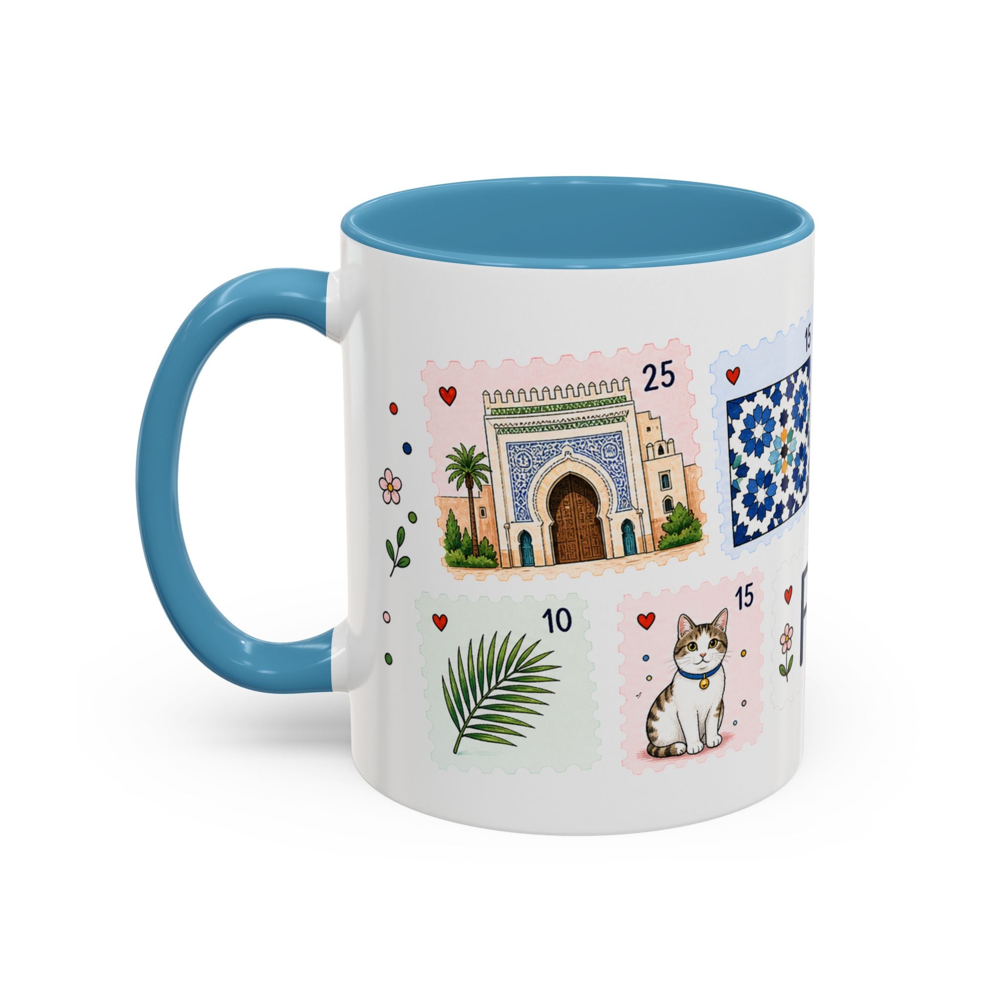 Fez Coffee Mug | Postage Stamp Collage Mug | Travel Souvenir Accent Cup 11oz 15oz