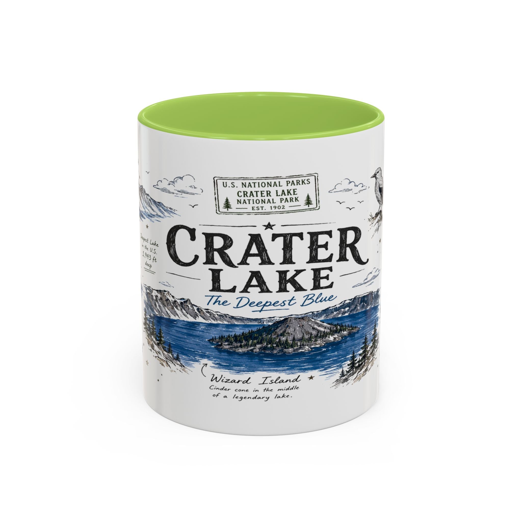Crater Lake National Park Coffee Mug | Oregon Volcano Blue Lake Hiking Gift | Accent Color Ceramic 11oz 15oz