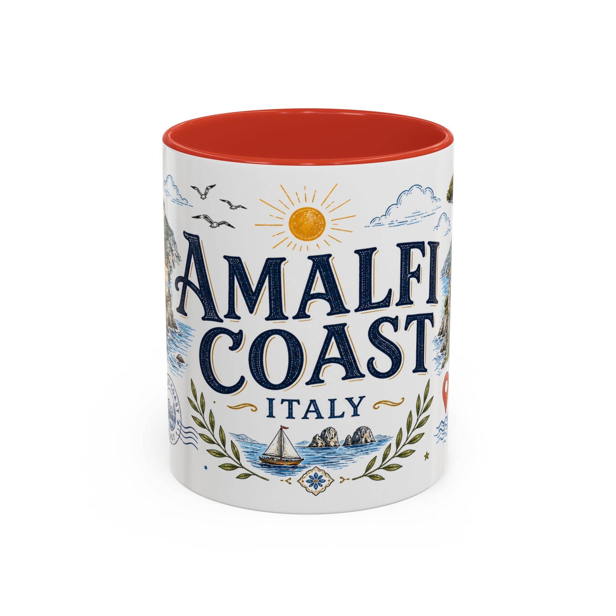 Amalfi Coast Coffee Mug | Travel Destination Souvenir Gift | Accent Color Ceramic 11oz 15oz