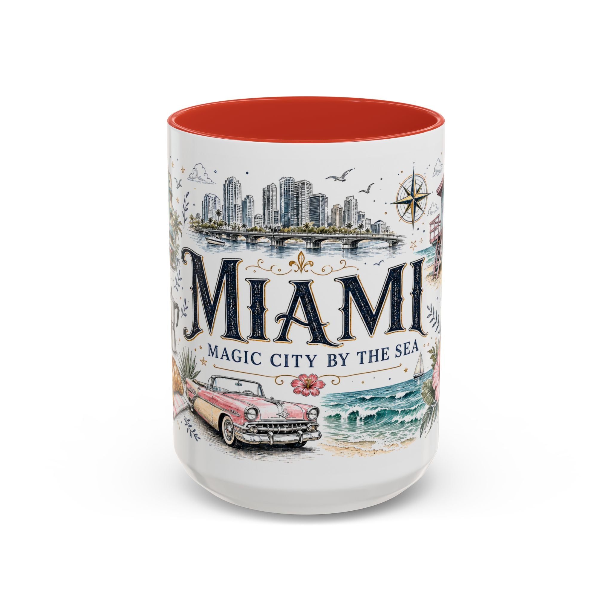 Miami Coffee Mug | United States Travel Souvenir | Vintage Illustrated City Gift | 11 oz 15 oz Accent Mug