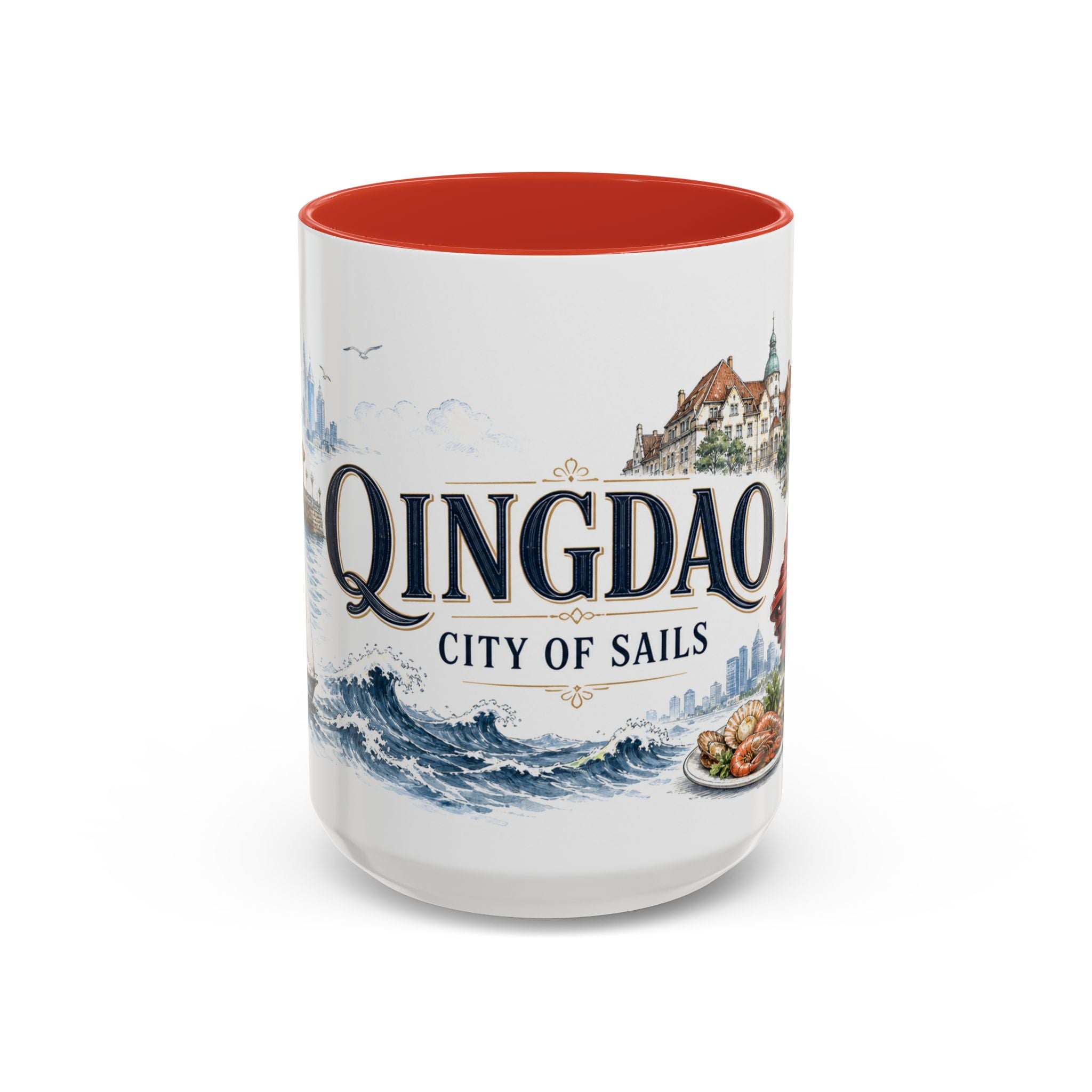 Qingdao Coffee Mug | China Travel Souvenir | Vintage Illustrated City Gift | 11 oz 15 oz Accent Mug
