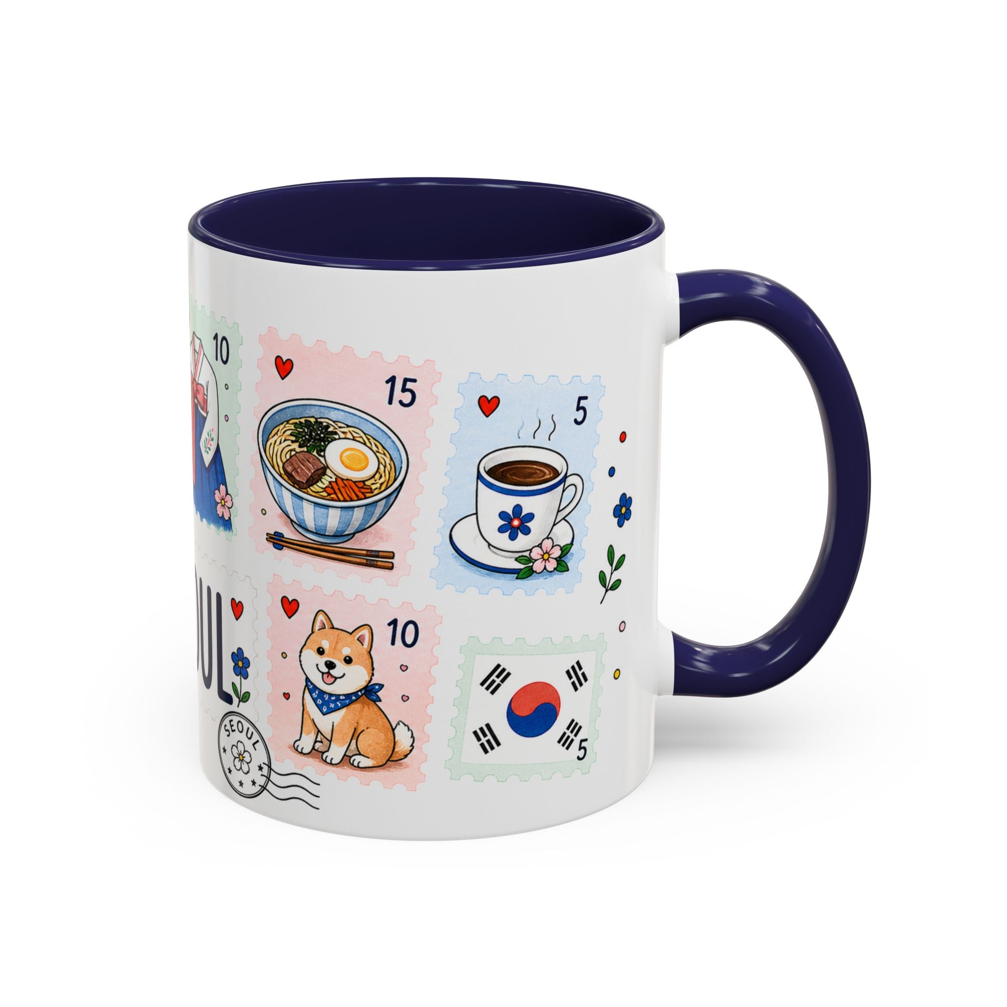 Seoul Coffee Mug | Postage Stamp Collage Mug | Travel Souvenir Accent Cup 11oz 15oz