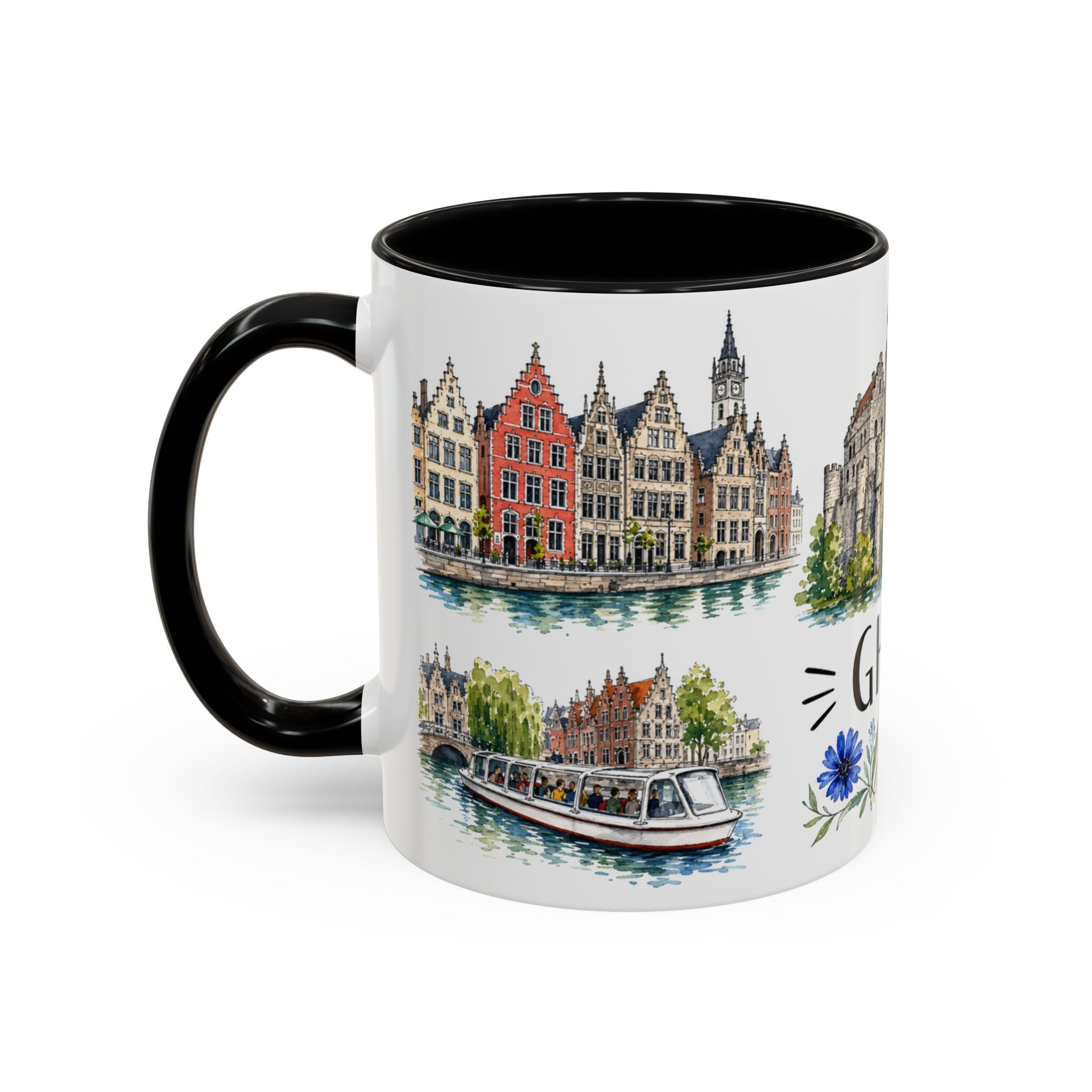 Ghent Illustrated Travel Mug | City Souvenir Accent Coffee Mug | 11oz 15oz Ceramic Cup