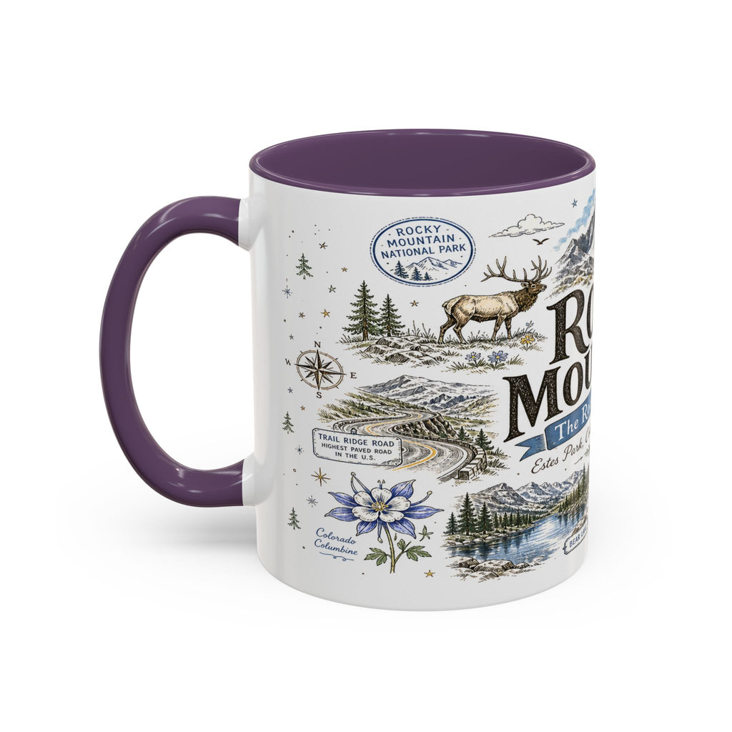 Rocky Mountain Coffee Mug | National Park Hiking Camping Gift | Accent Color Ceramic 11oz 15oz