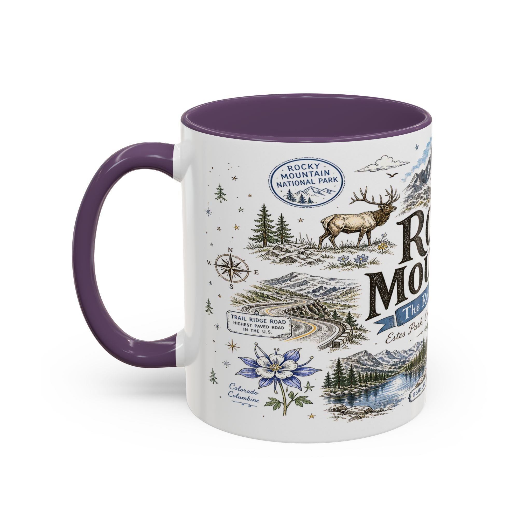 Rocky Mountain Coffee Mug | National Park Hiking Camping Gift | Accent Color Ceramic 11oz 15oz