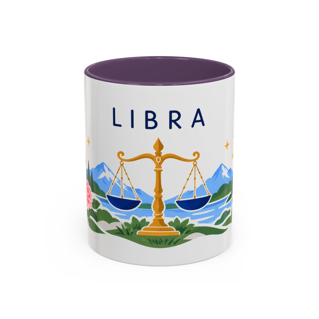 Libra Zodiac Coffee Mug | Scales and Rose Design | Astrology Birthday Gift | 11 oz 15 oz Ceramic Accent Mug