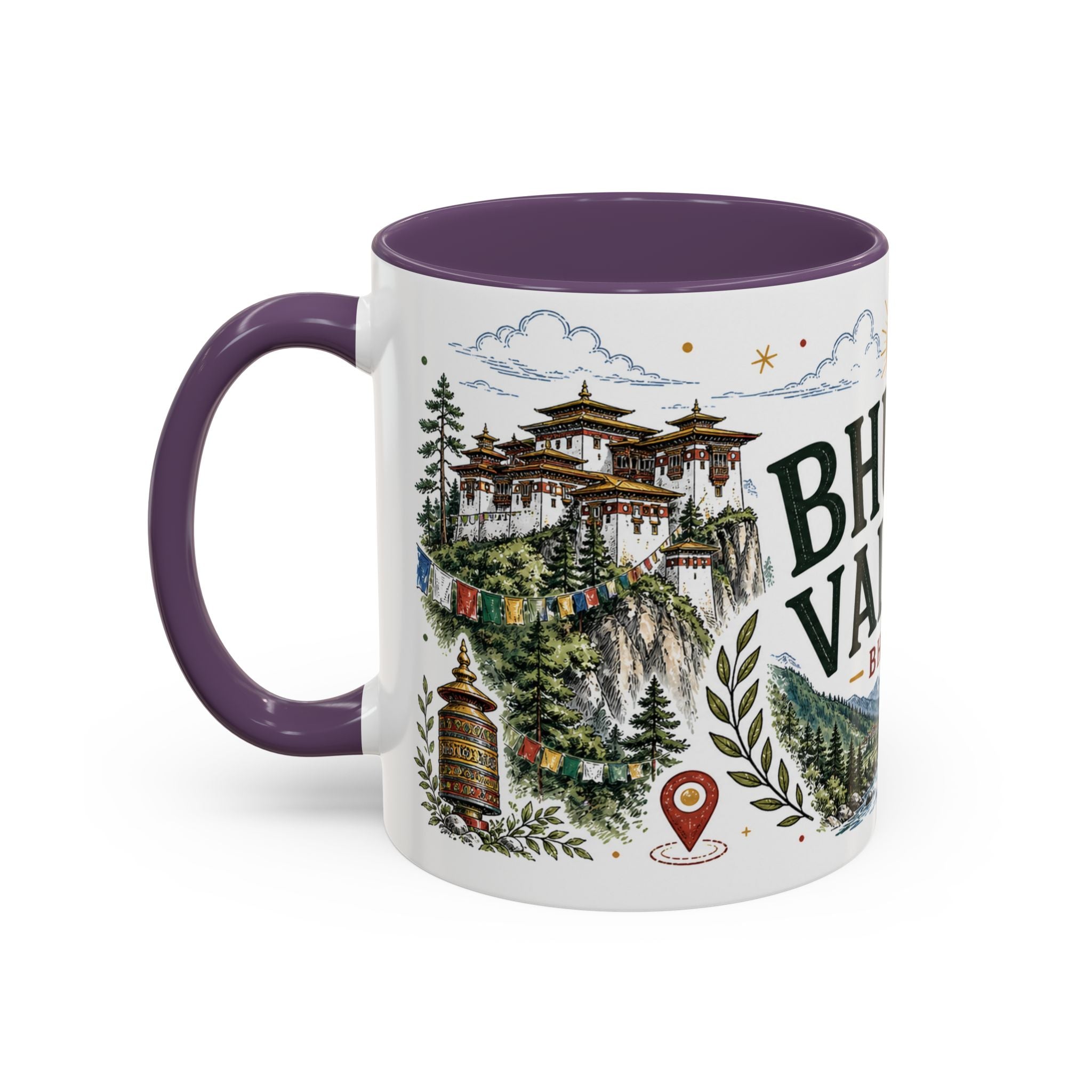 Bhutan Valleys Coffee Mug | Travel Destination Souvenir Gift | Accent Color Ceramic 11oz 15oz