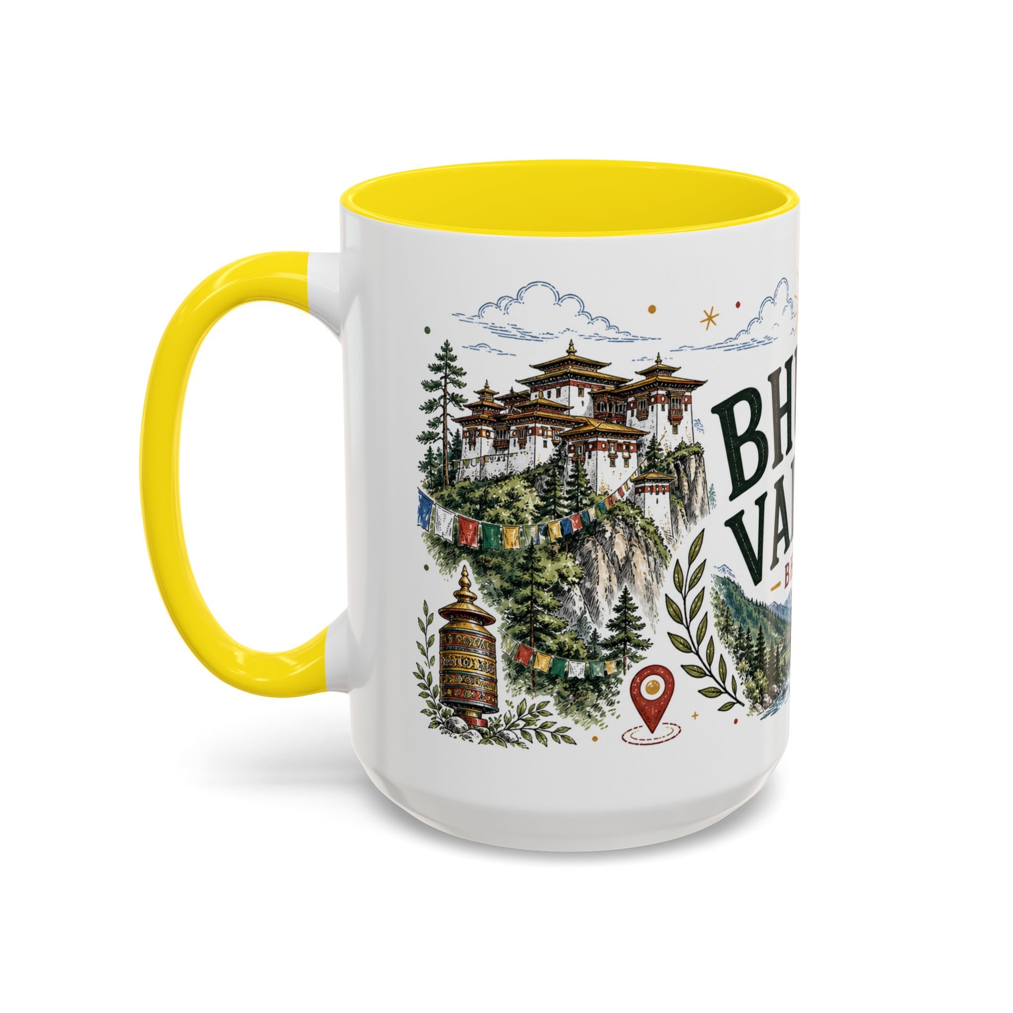 Bhutan Valleys Coffee Mug | Travel Destination Souvenir Gift | Accent Color Ceramic 11oz 15oz