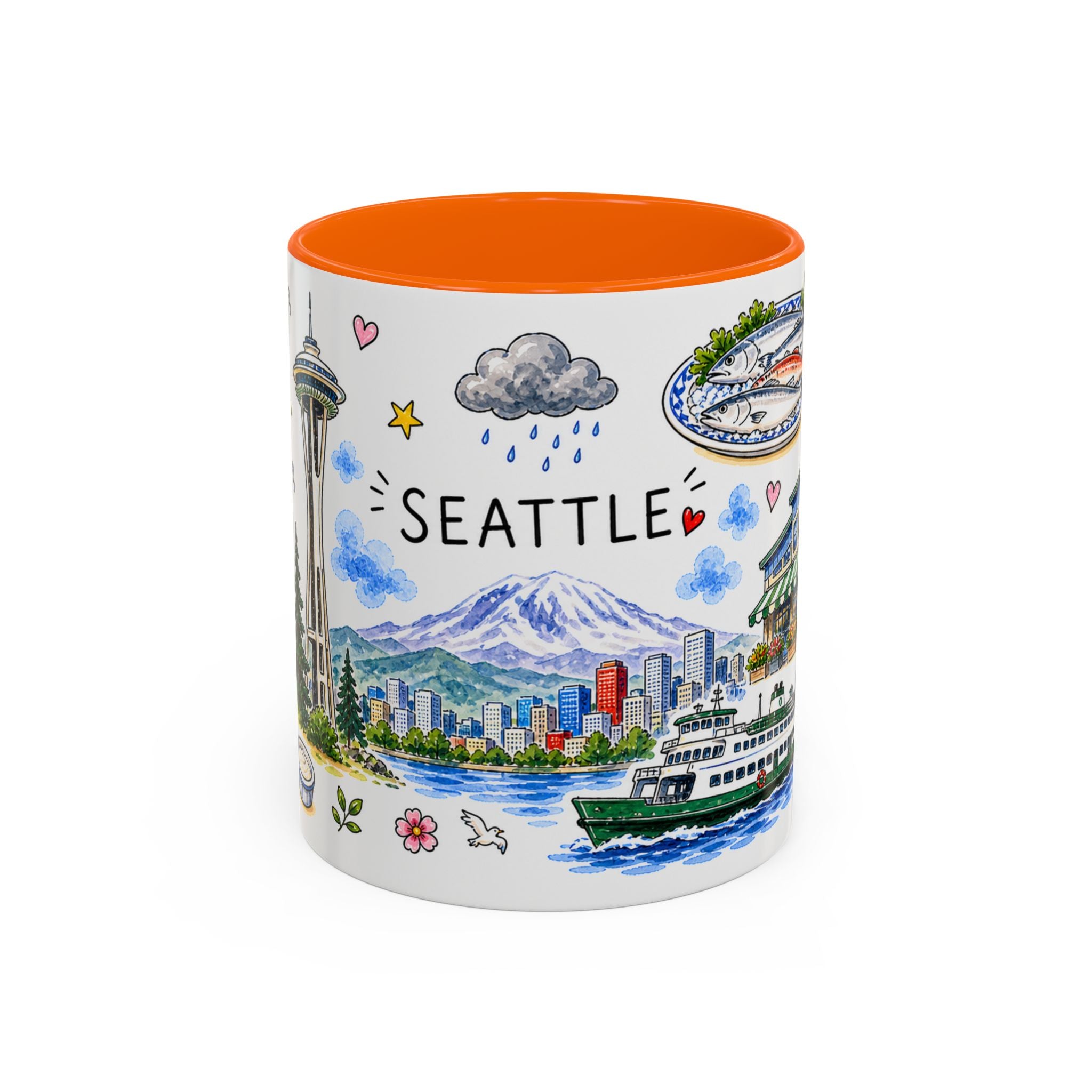 Seattle Illustrated Travel Mug | City Souvenir Accent Coffee Mug | 11oz 15oz Ceramic Cup
