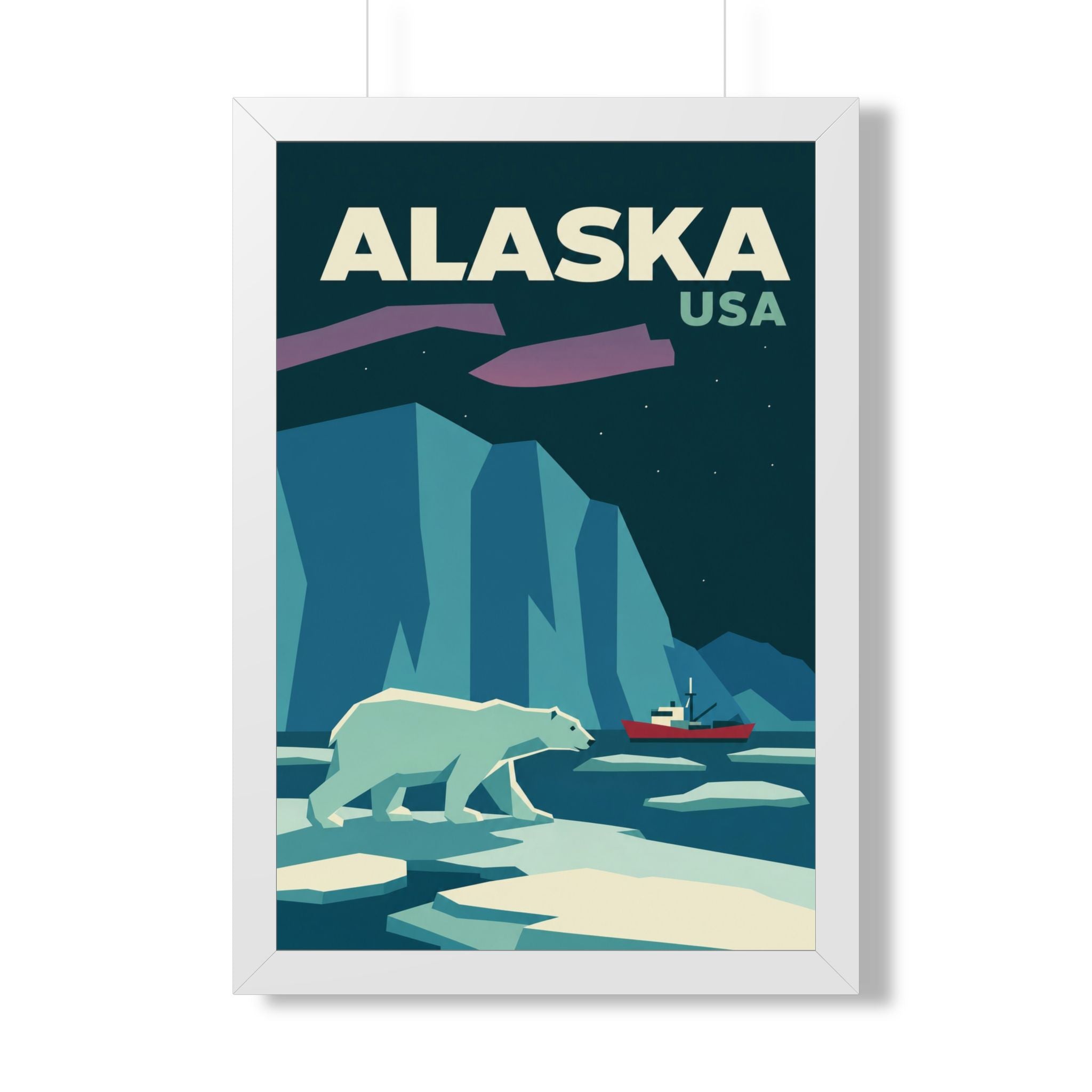 Alaska Polar Bear United States Framed Poster | Vintage Travel Wall Art | Black Walnut White Frame | 16x24 20x30