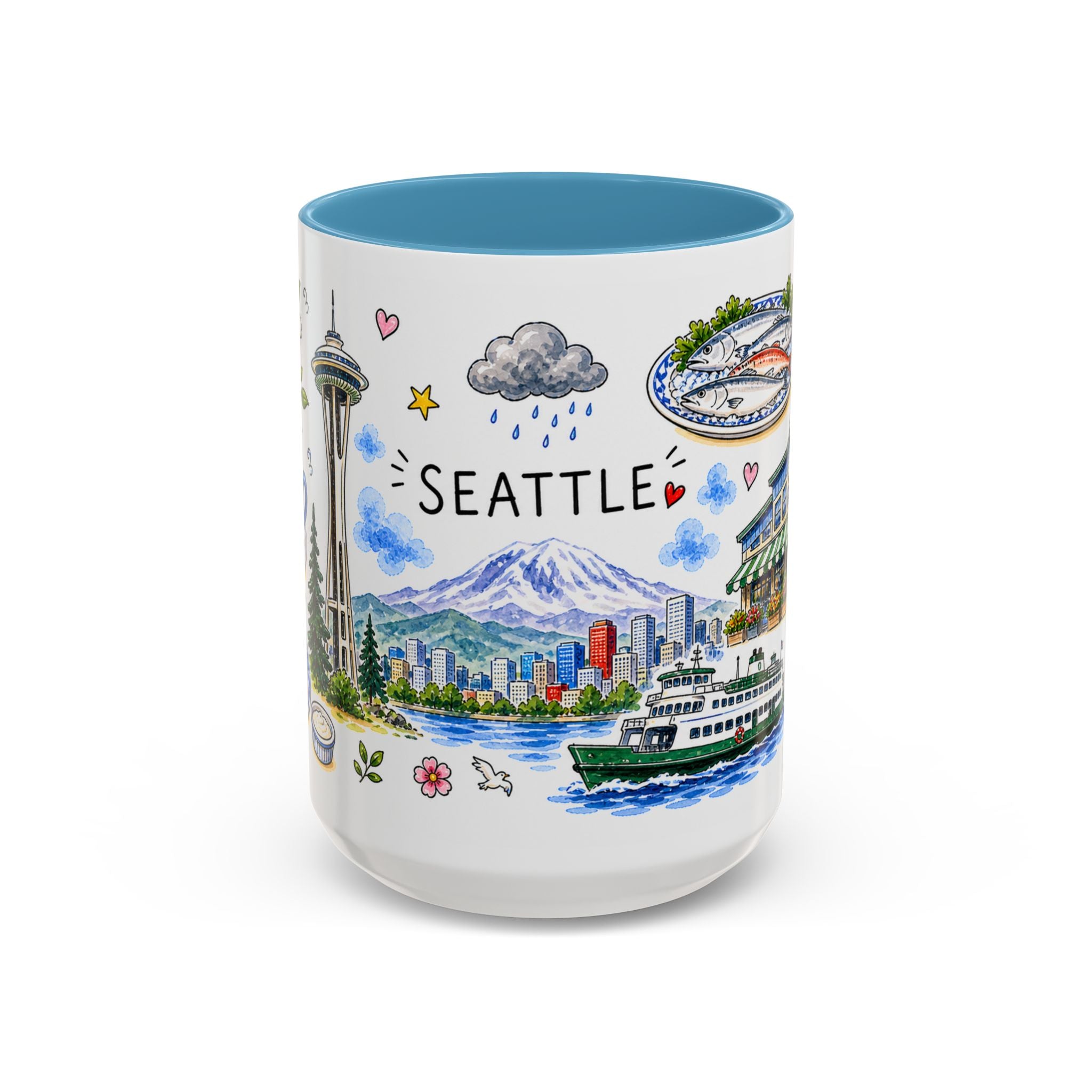 Seattle Illustrated Travel Mug | City Souvenir Accent Coffee Mug | 11oz 15oz Ceramic Cup