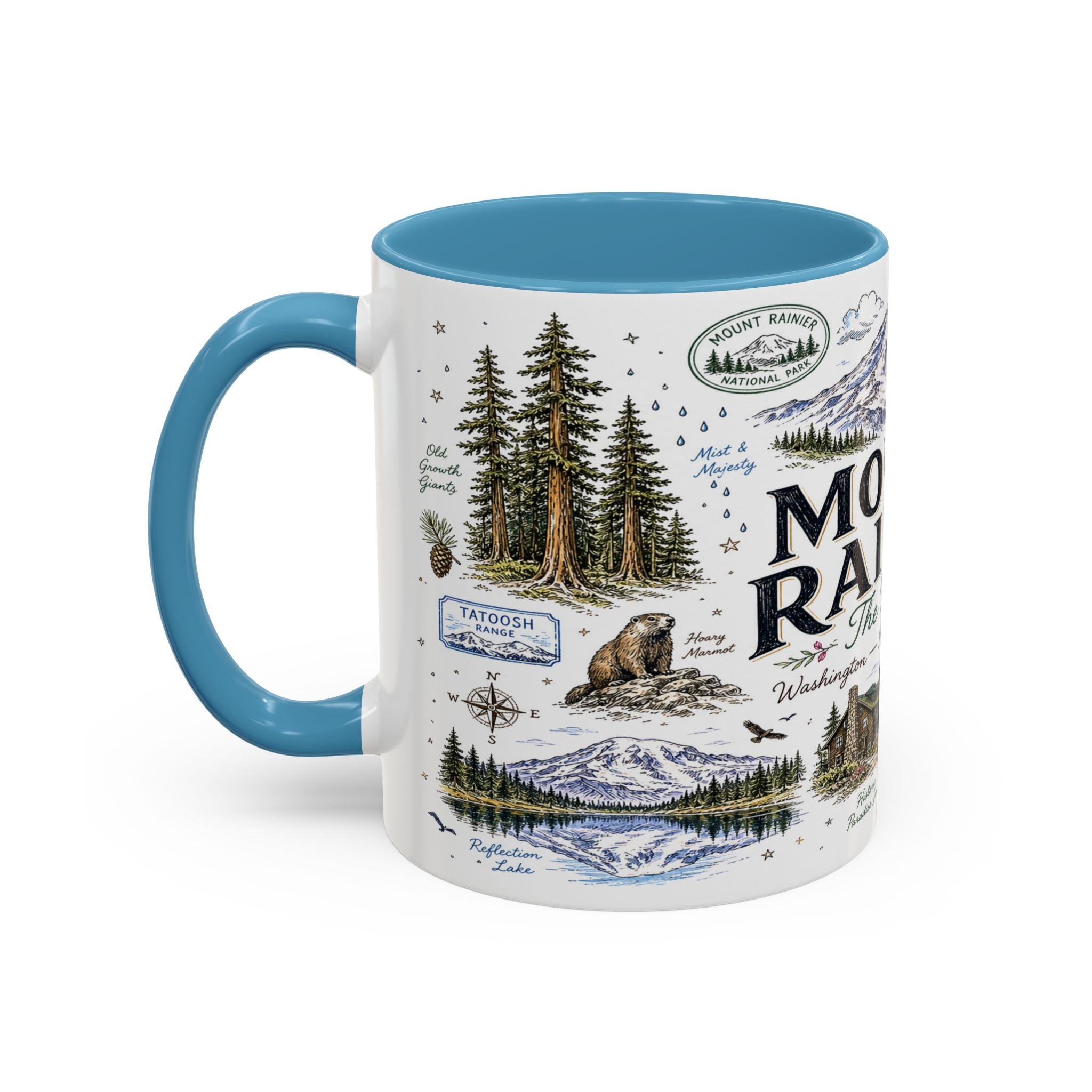 Mount Rainier Coffee Mug | National Park Hiking Washington Gift | Accent Color Ceramic 11oz 15oz