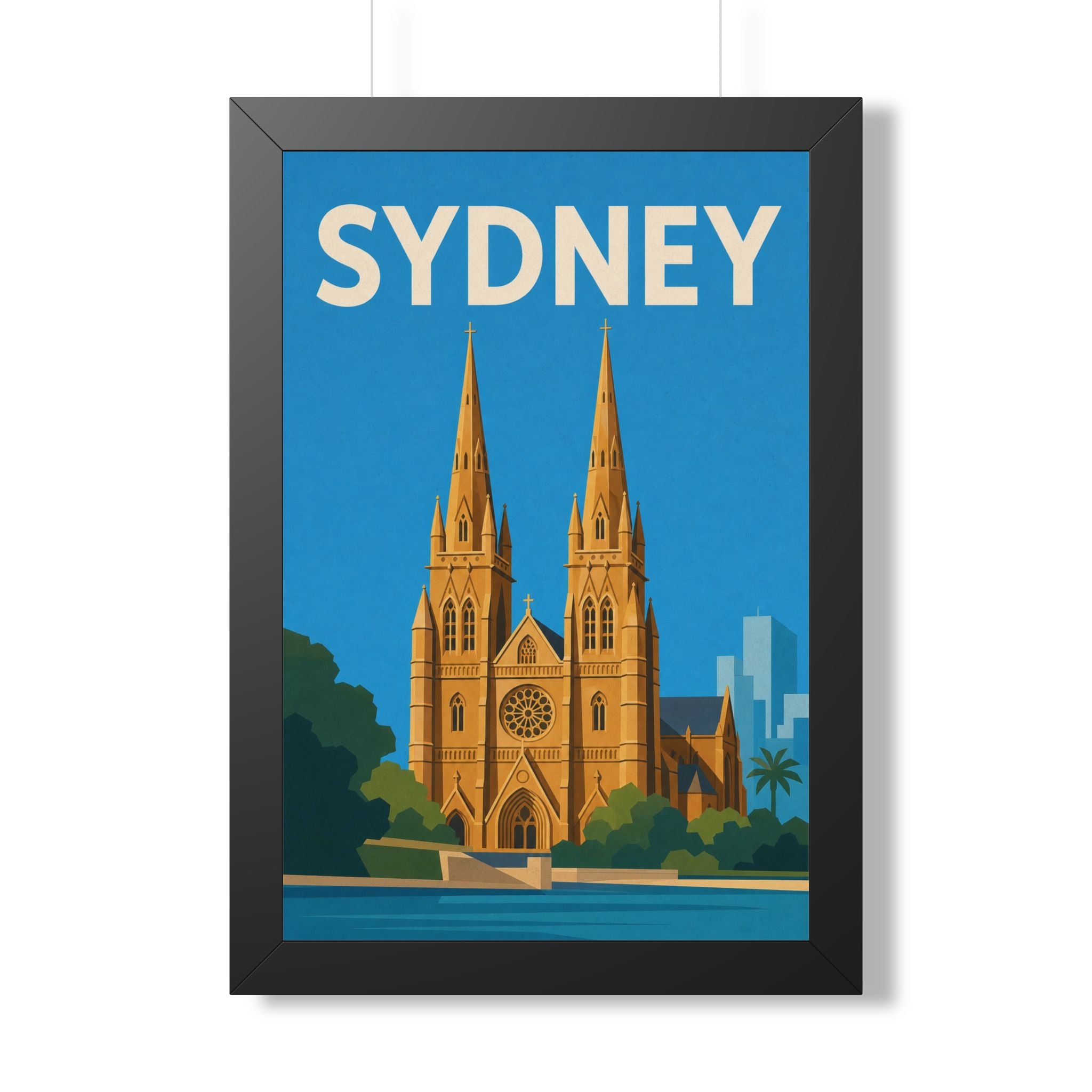 Sydney Cathedral Australia Framed Poster | Vintage Travel Wall Art | Black Walnut White Frame | 16x24 20x30