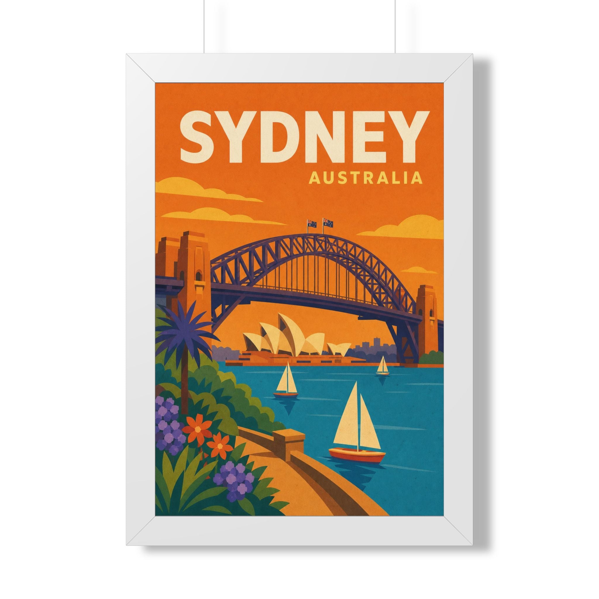 Sydney Harbour Australia Framed Poster | Vintage Travel Wall Art | Black Walnut White Frame | 16x24 20x30