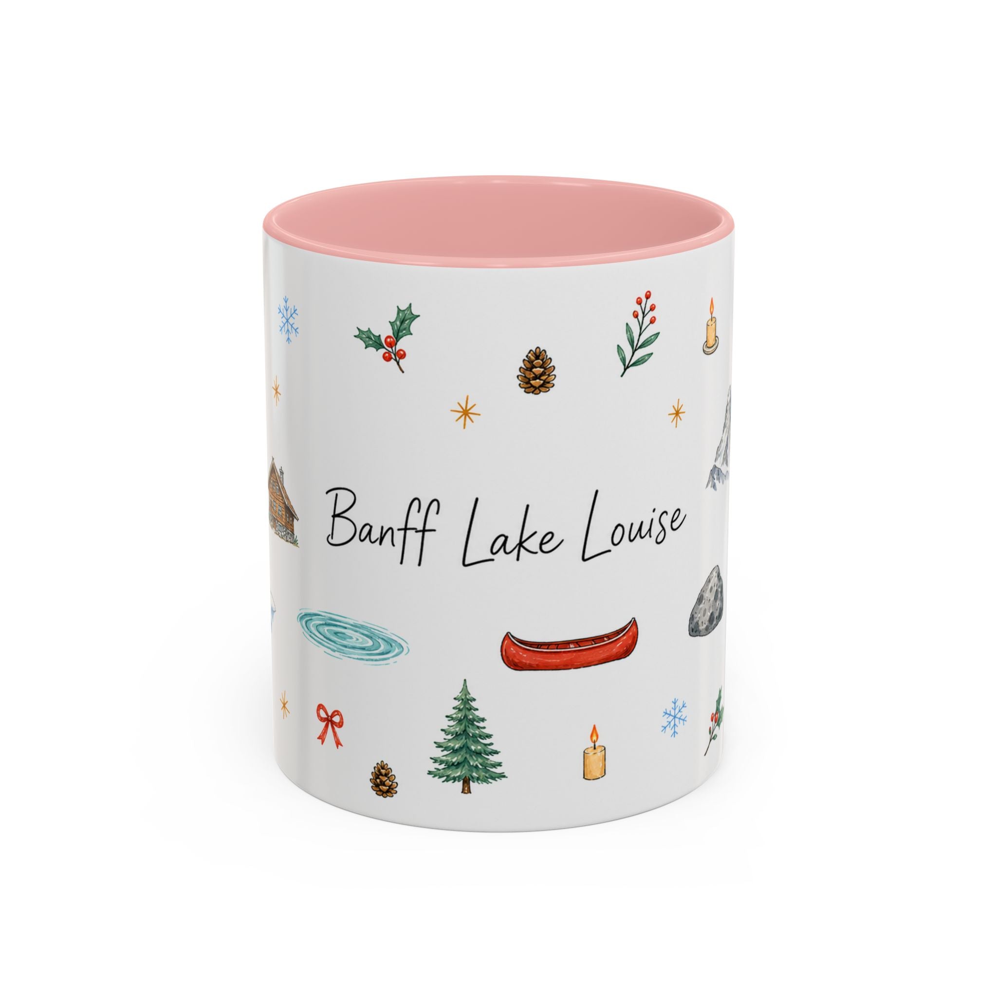 Banff Lake Louise Christmas Mug | Watercolor Travel Souvenir | Holiday Gift | Accent Ceramic Coffee Cup 11oz 15oz