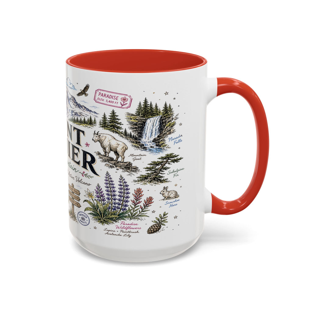 Mount Rainier Coffee Mug | National Park Hiking Washington Gift | Accent Color Ceramic 11oz 15oz