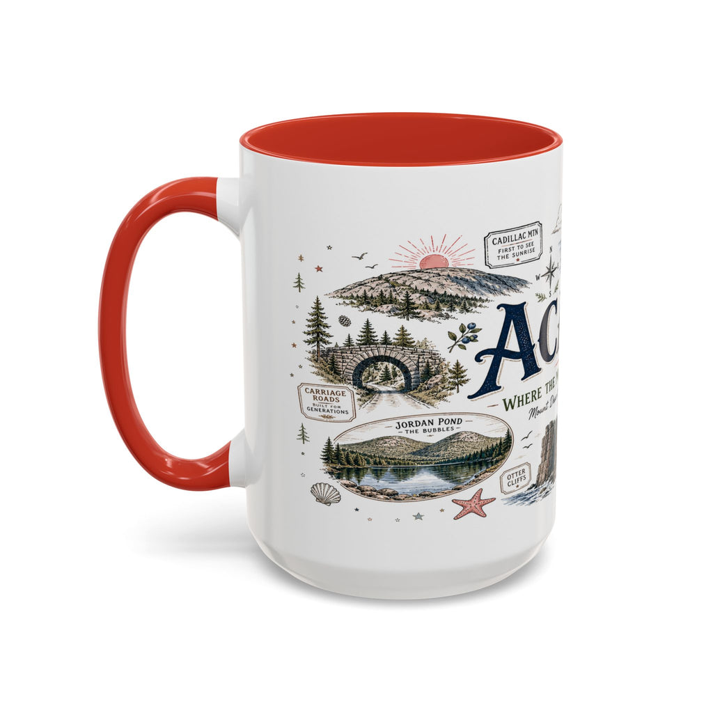 Acadia Coffee Mug | National Park Hiking Coastal Gift | Accent Color Ceramic 11oz 15oz