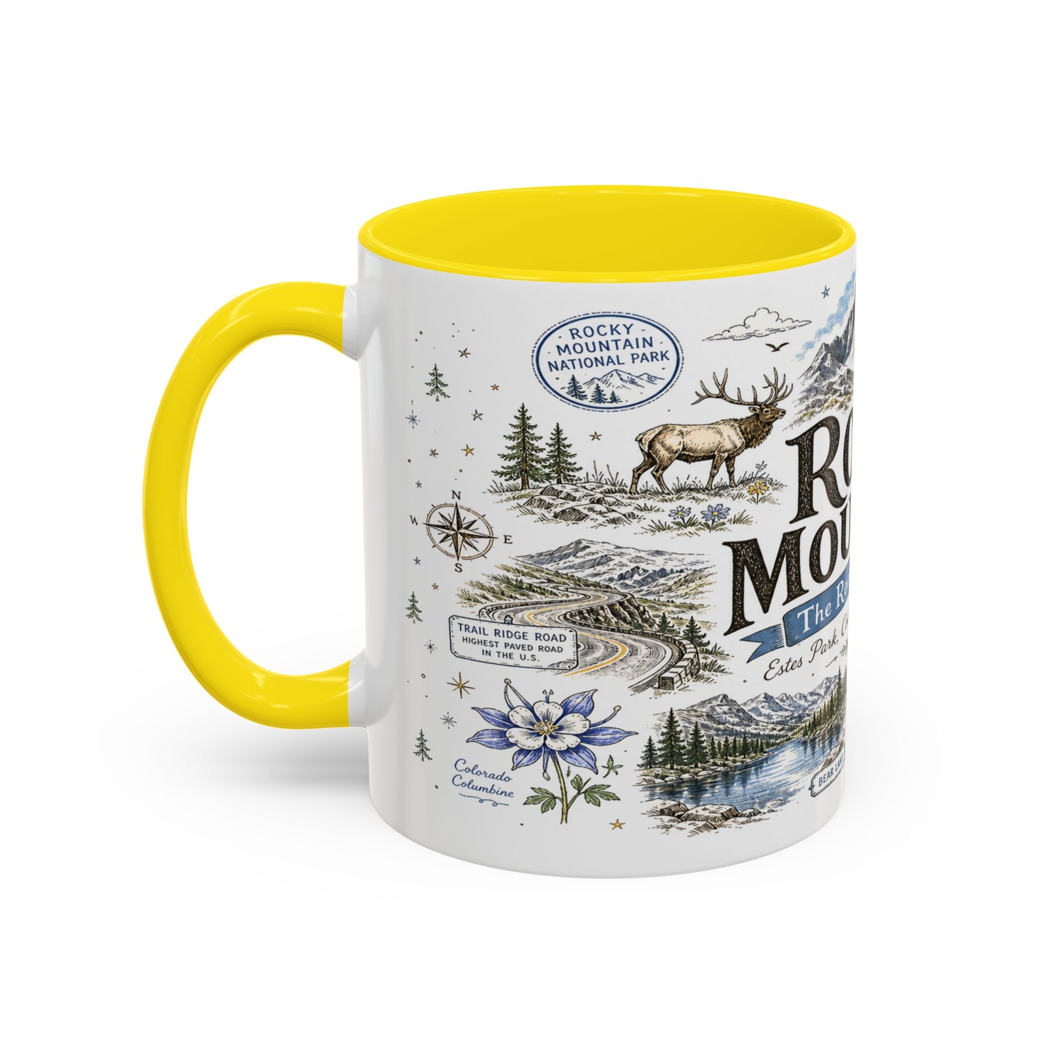 Rocky Mountain Coffee Mug | National Park Hiking Camping Gift | Accent Color Ceramic 11oz 15oz