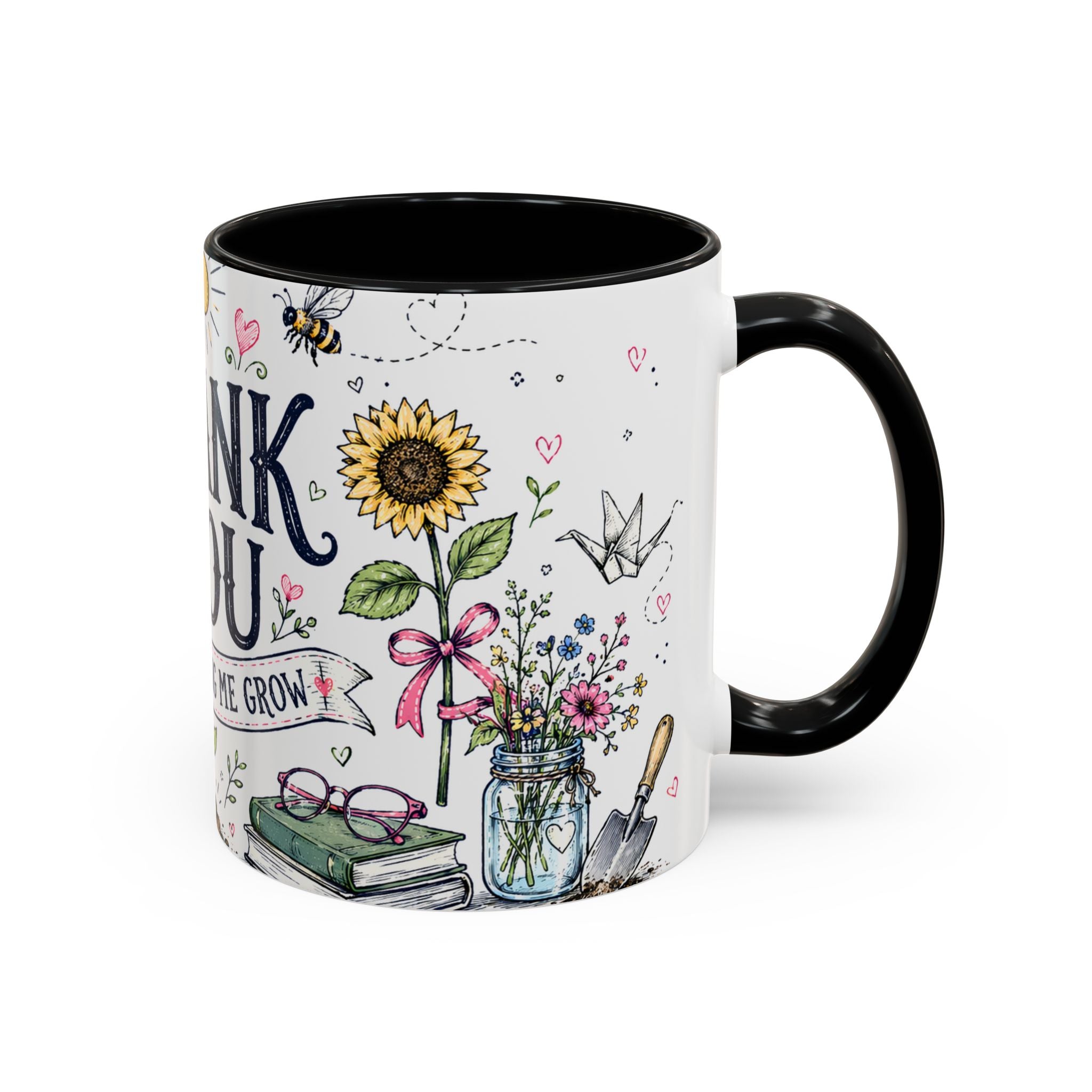 Thank You Teacher Coffee Mug | For Helping Me Grow Appreciation Gift | Accent Color Ceramic 11oz 15oz