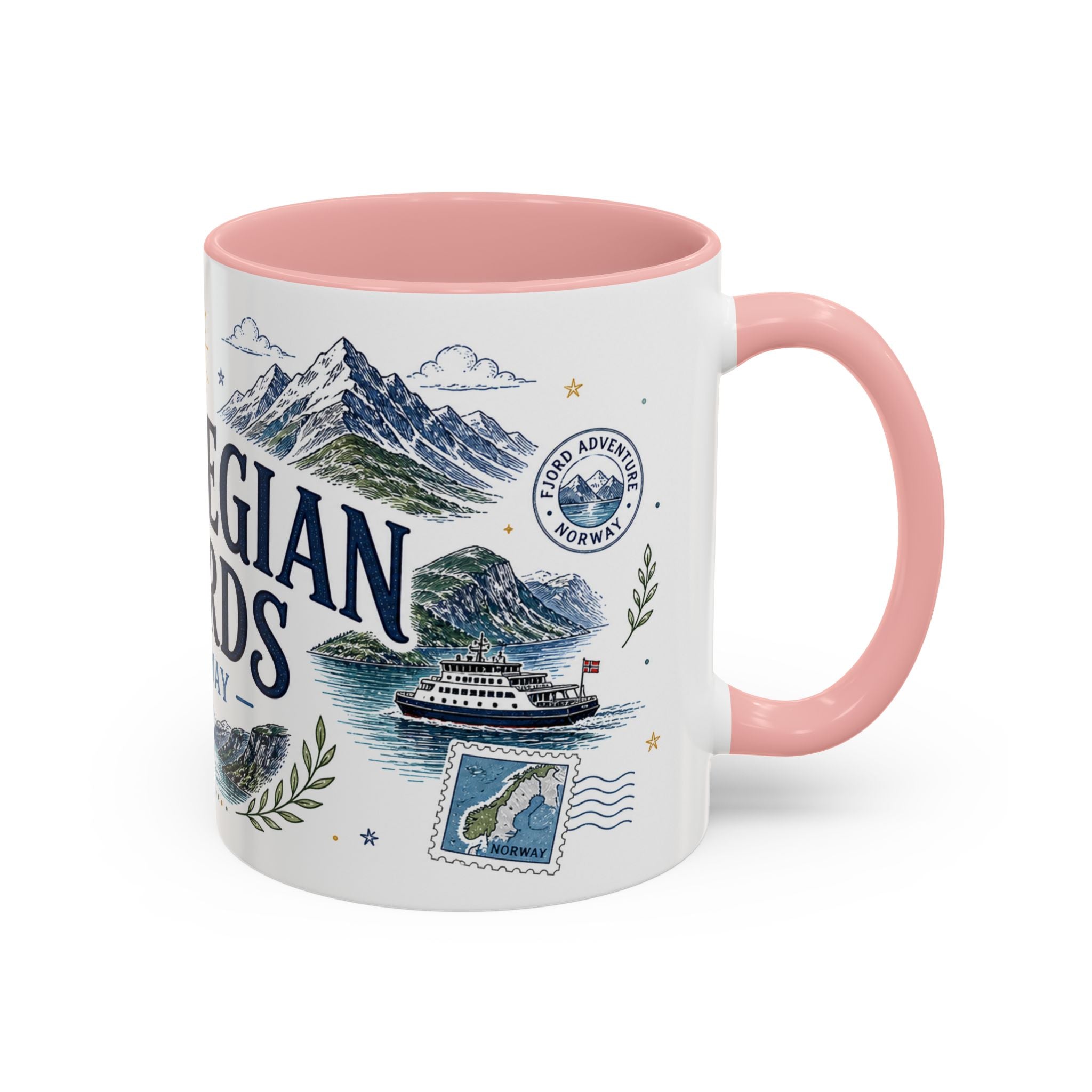 Norwegian Fjords Coffee Mug | Travel Destination Souvenir Gift | Accent Color Ceramic 11oz 15oz
