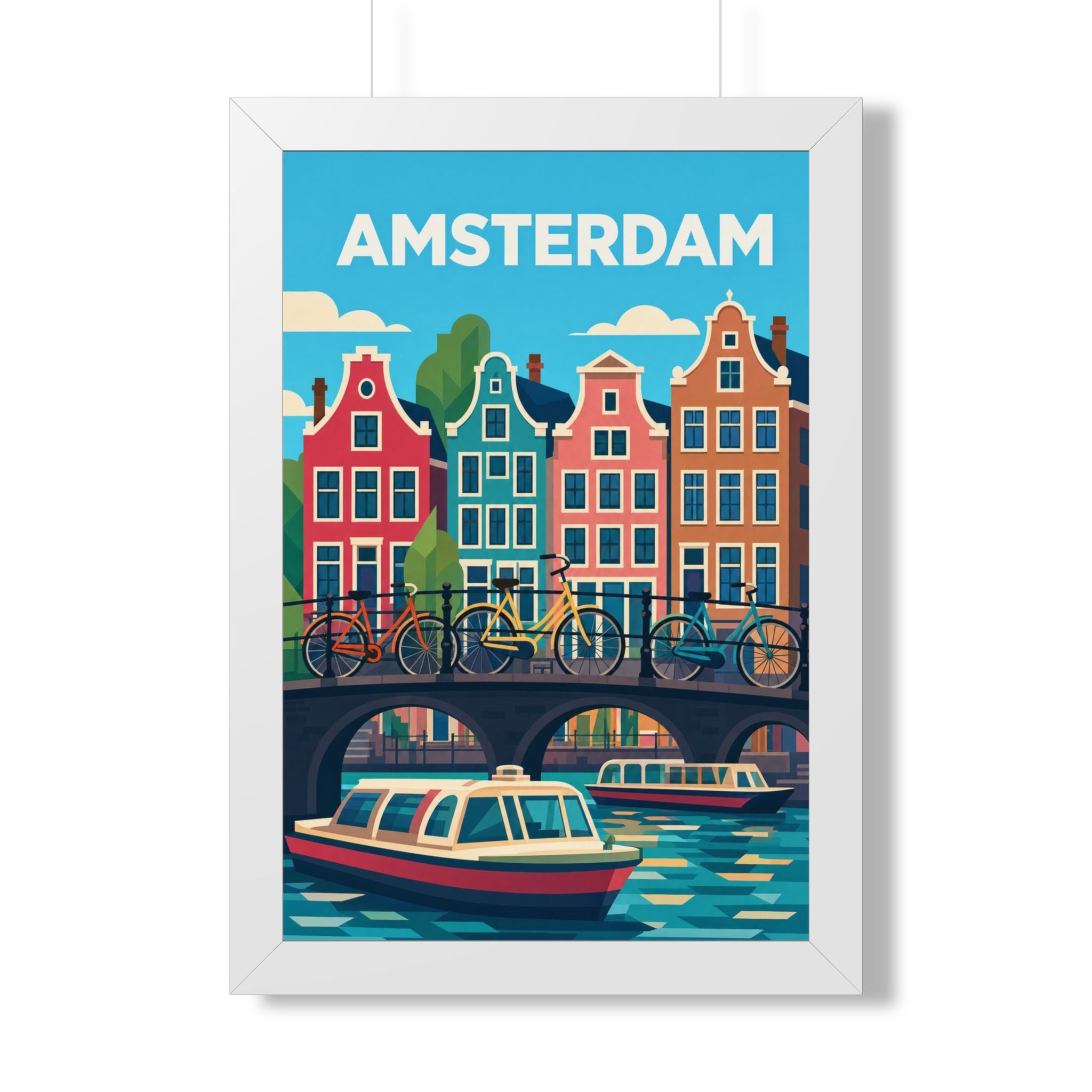 Amsterdam Netherlands Framed Poster | Vintage Travel Wall Art | Black Walnut White Frame | 16x24 20x30