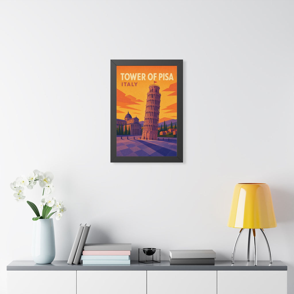 Leaning Tower of Pisa Italy Framed Poster | Vintage Travel Wall Art | Black Walnut White Frame | 16x24 20x30