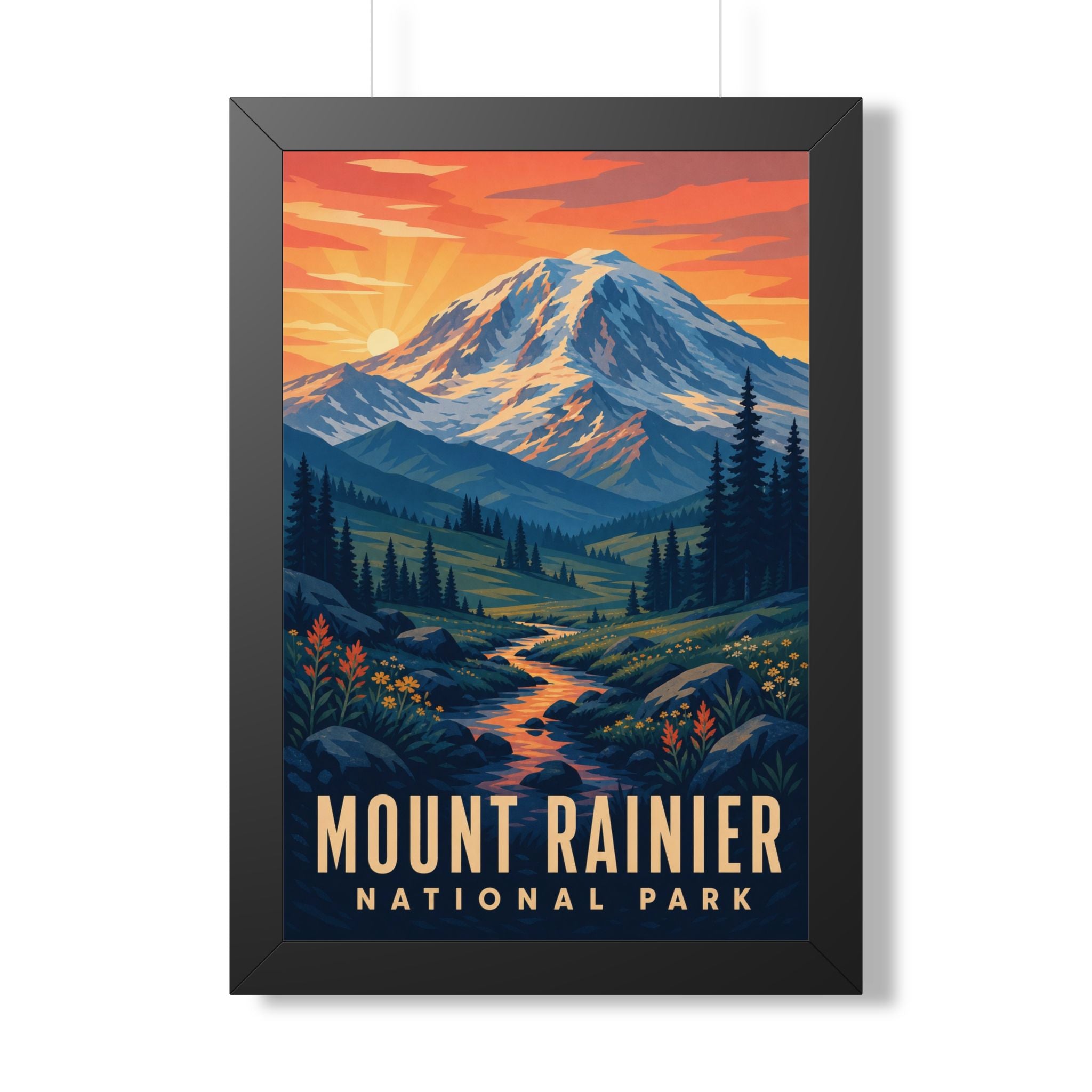 Mount Rainier National Park Framed Poster | Vintage Travel Wall Art | Black Walnut White Frame | 16x24 20x30