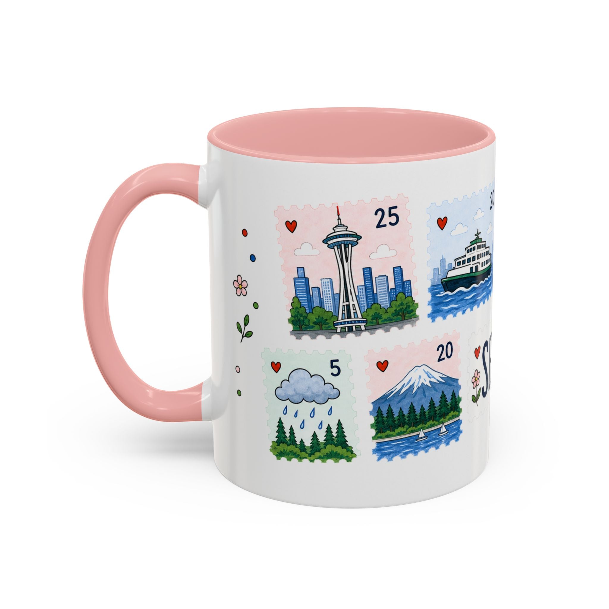 Seattle Coffee Mug | Postage Stamp Collage Mug | Travel Souvenir Accent Cup 11oz 15oz