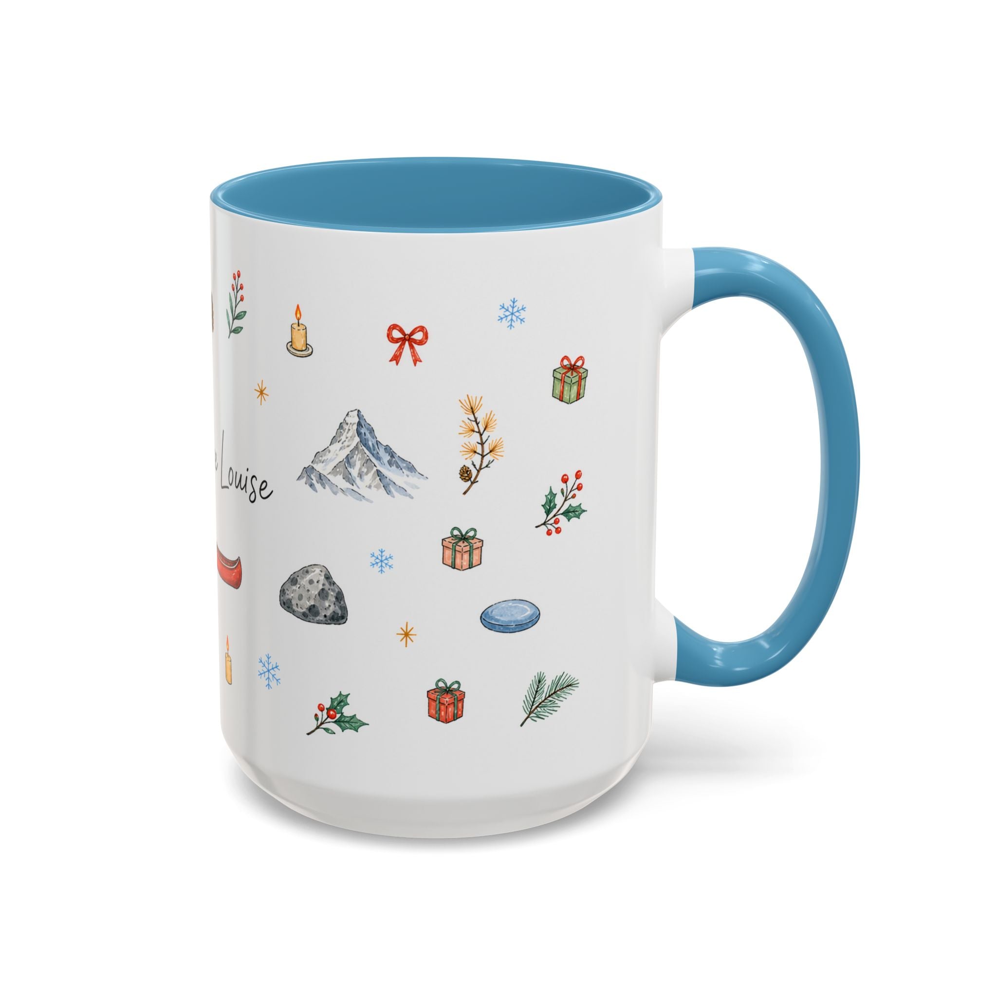 Banff Lake Louise Christmas Mug | Watercolor Travel Souvenir | Holiday Gift | Accent Ceramic Coffee Cup 11oz 15oz