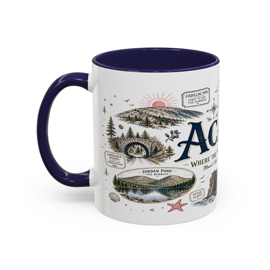 Acadia Coffee Mug | National Park Hiking Coastal Gift | Accent Color Ceramic 11oz 15oz