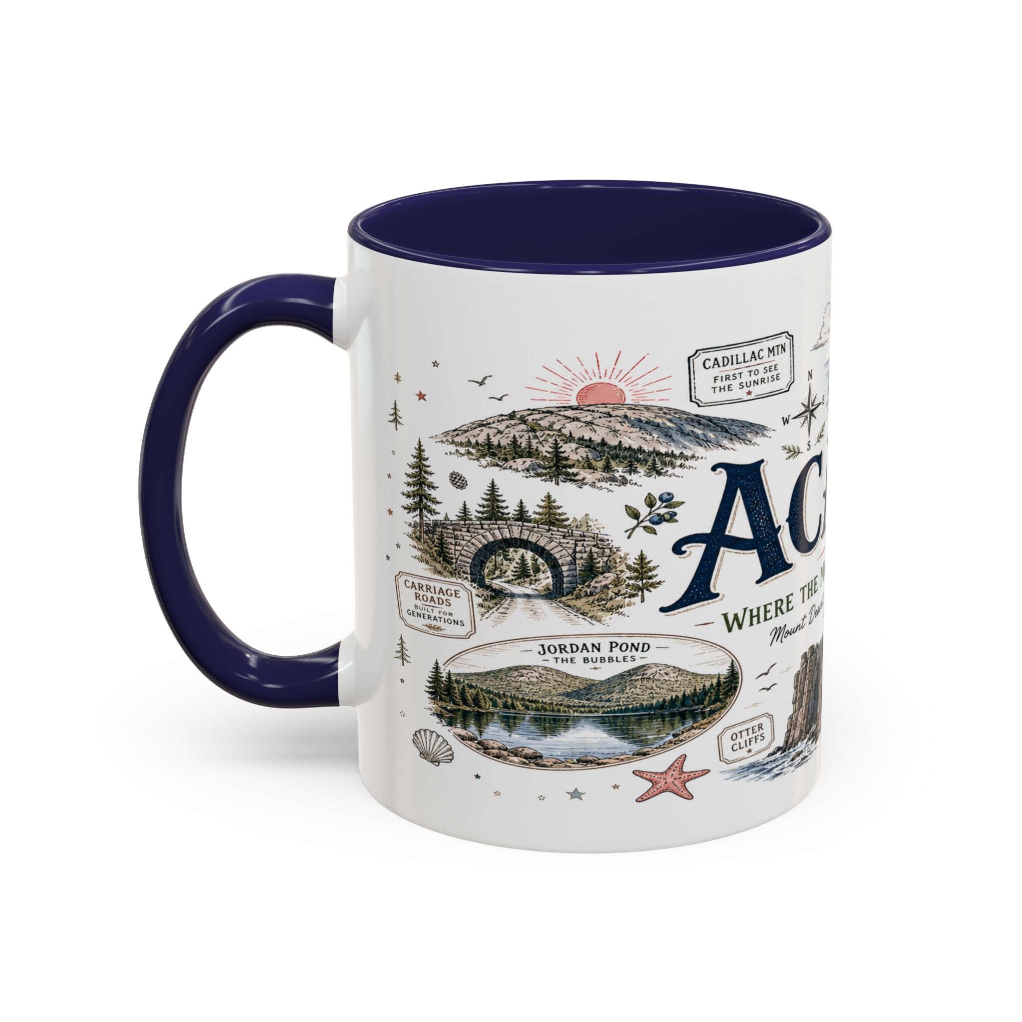 Acadia Coffee Mug | National Park Hiking Coastal Gift | Accent Color Ceramic 11oz 15oz