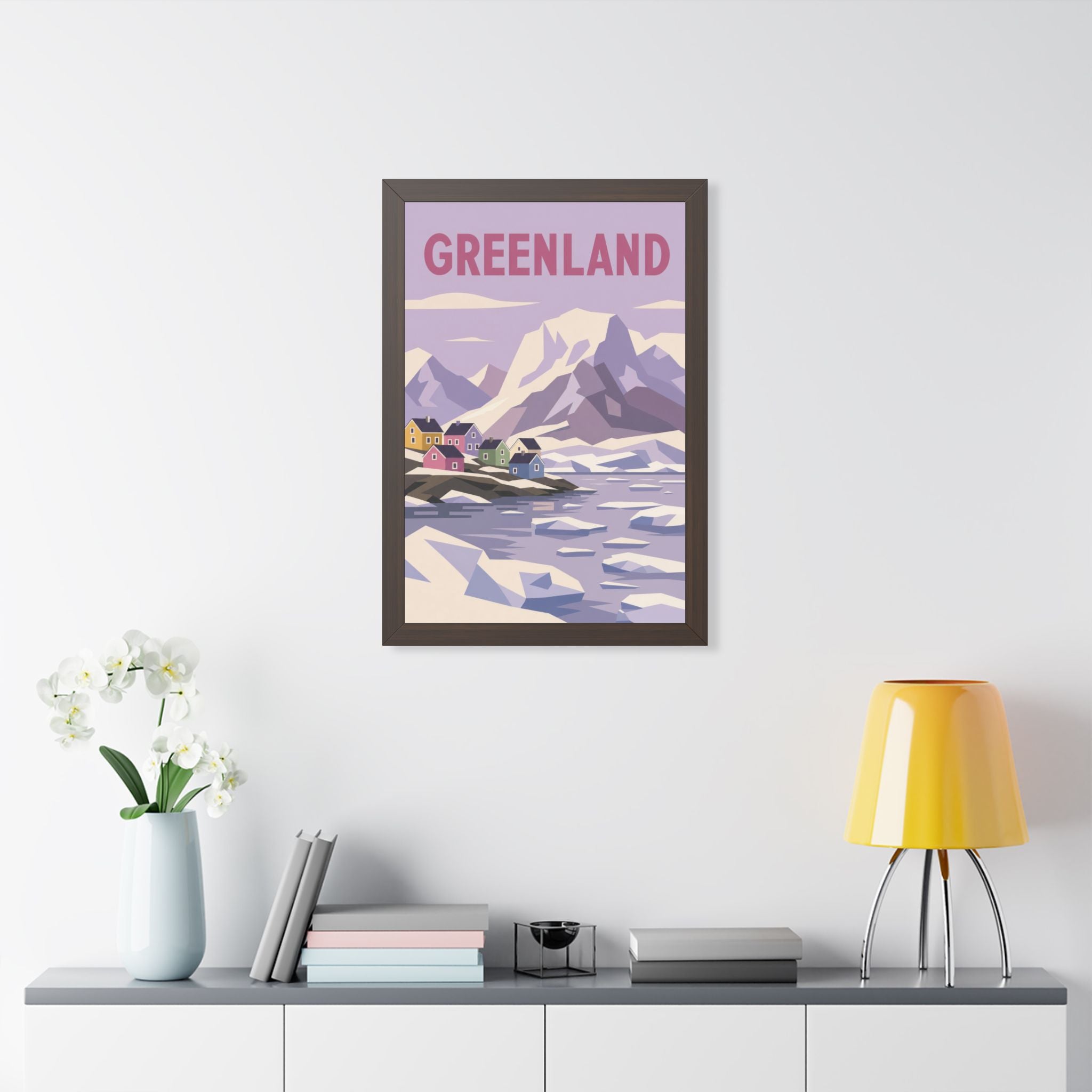 Greenland Village Greenland Framed Poster | Vintage Travel Wall Art | Black Walnut White Frame | 16x24 20x30