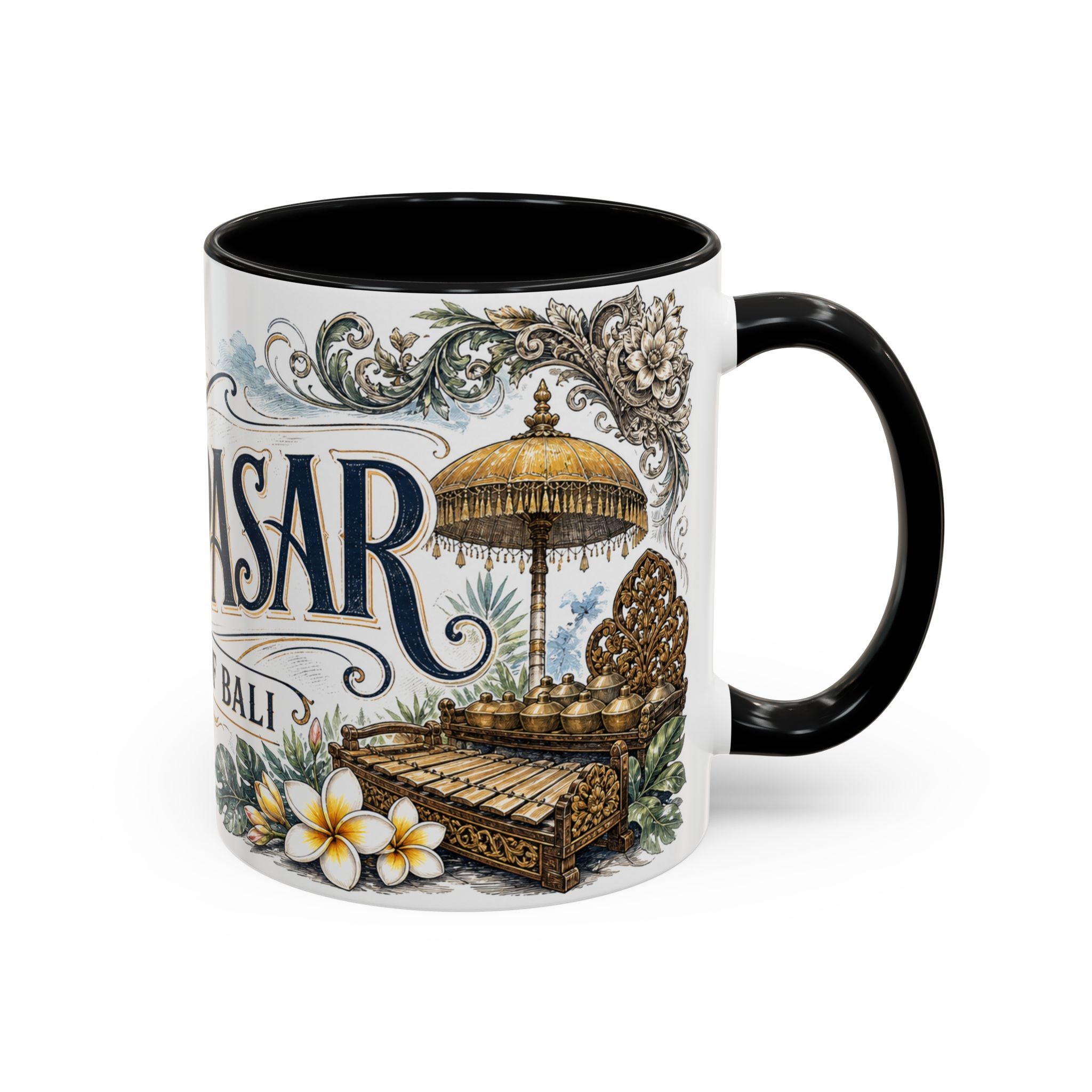 Denpasar Coffee Mug | Indonesia Travel Souvenir | Vintage Illustrated City Gift | 11 oz 15 oz Accent Mug