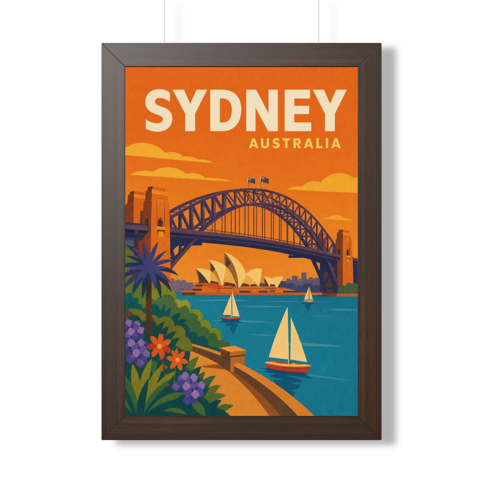 Sydney Harbour Australia Framed Poster | Vintage Travel Wall Art | Black Walnut White Frame | 16x24 20x30