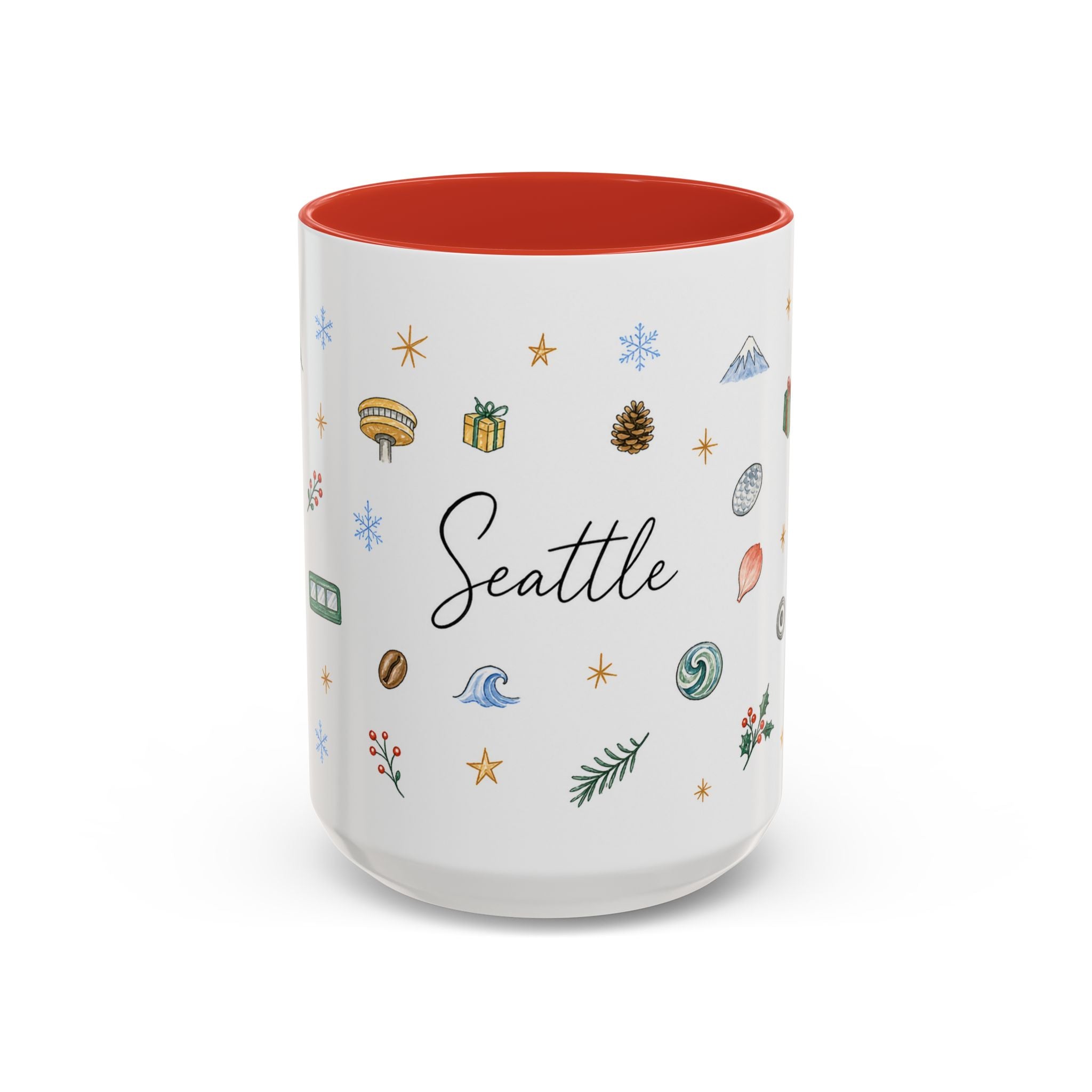 Seattle Christmas Mug | Watercolor Travel Souvenir | Holiday Gift | Accent Ceramic Coffee Cup 11oz 15oz