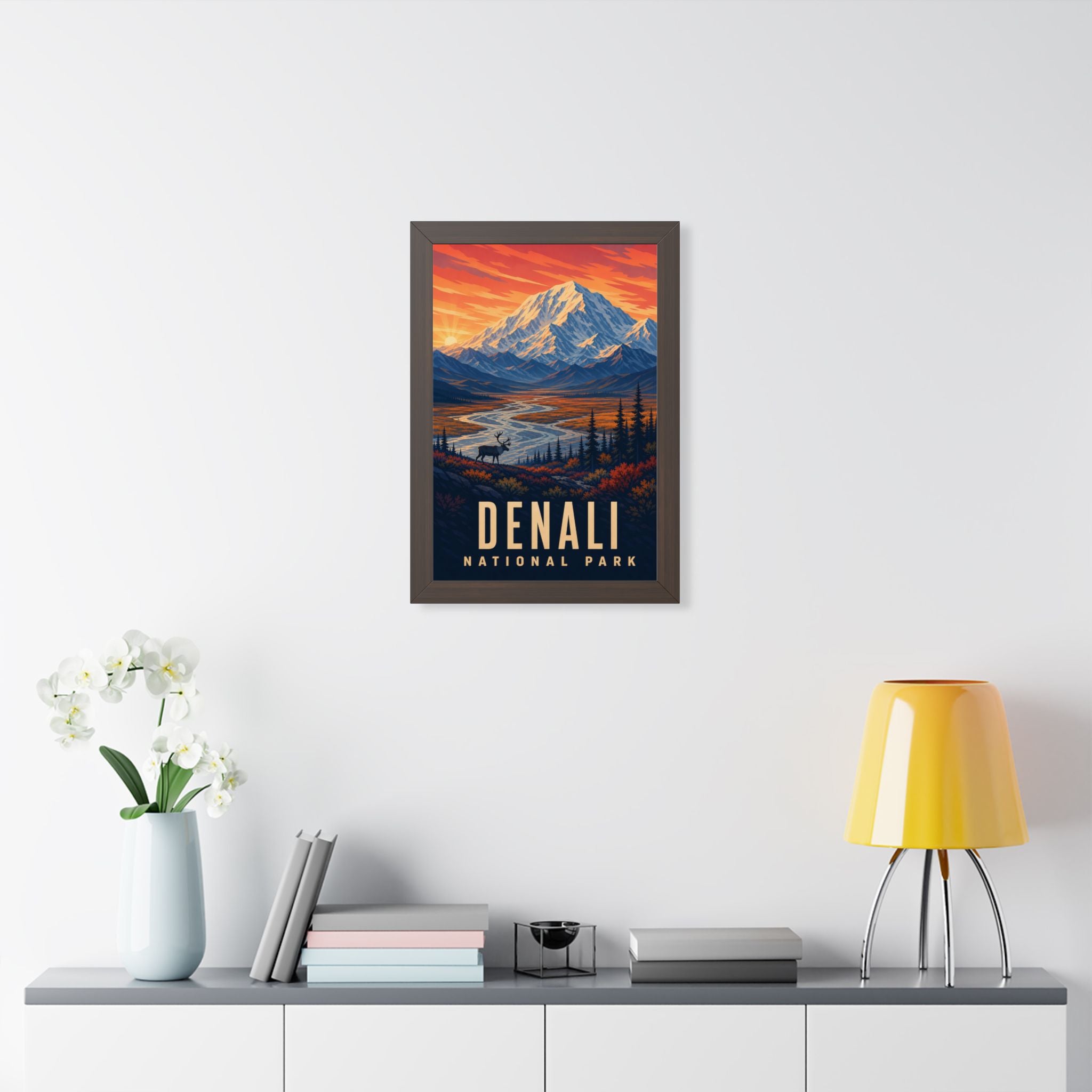 Denali National Park Framed Poster | Vintage Travel Wall Art | Black Walnut White Frame | 16x24 20x30