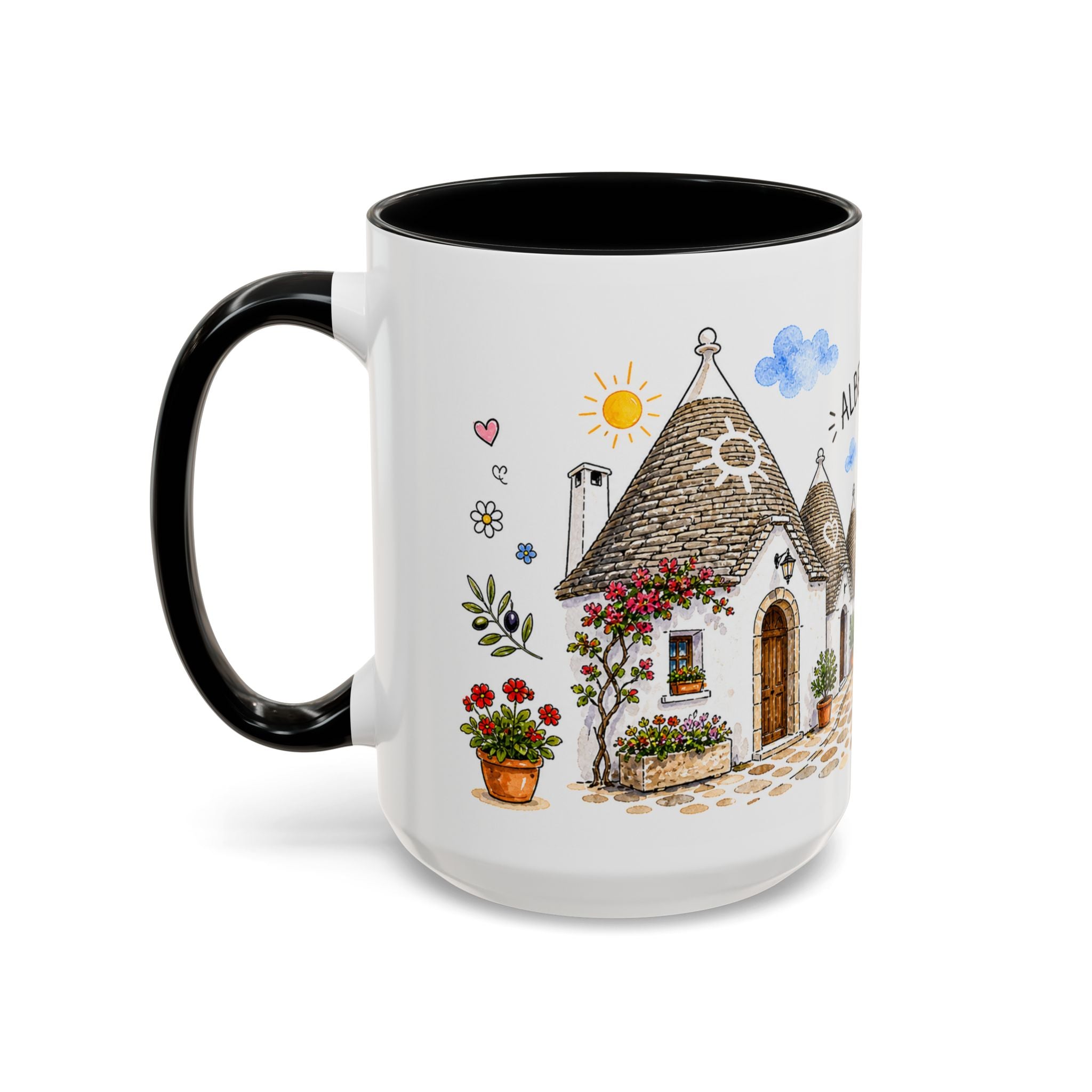 Alberobello Illustrated Travel Mug | Italy Souvenir Accent Coffee Mug | 11oz 15oz Ceramic Cup