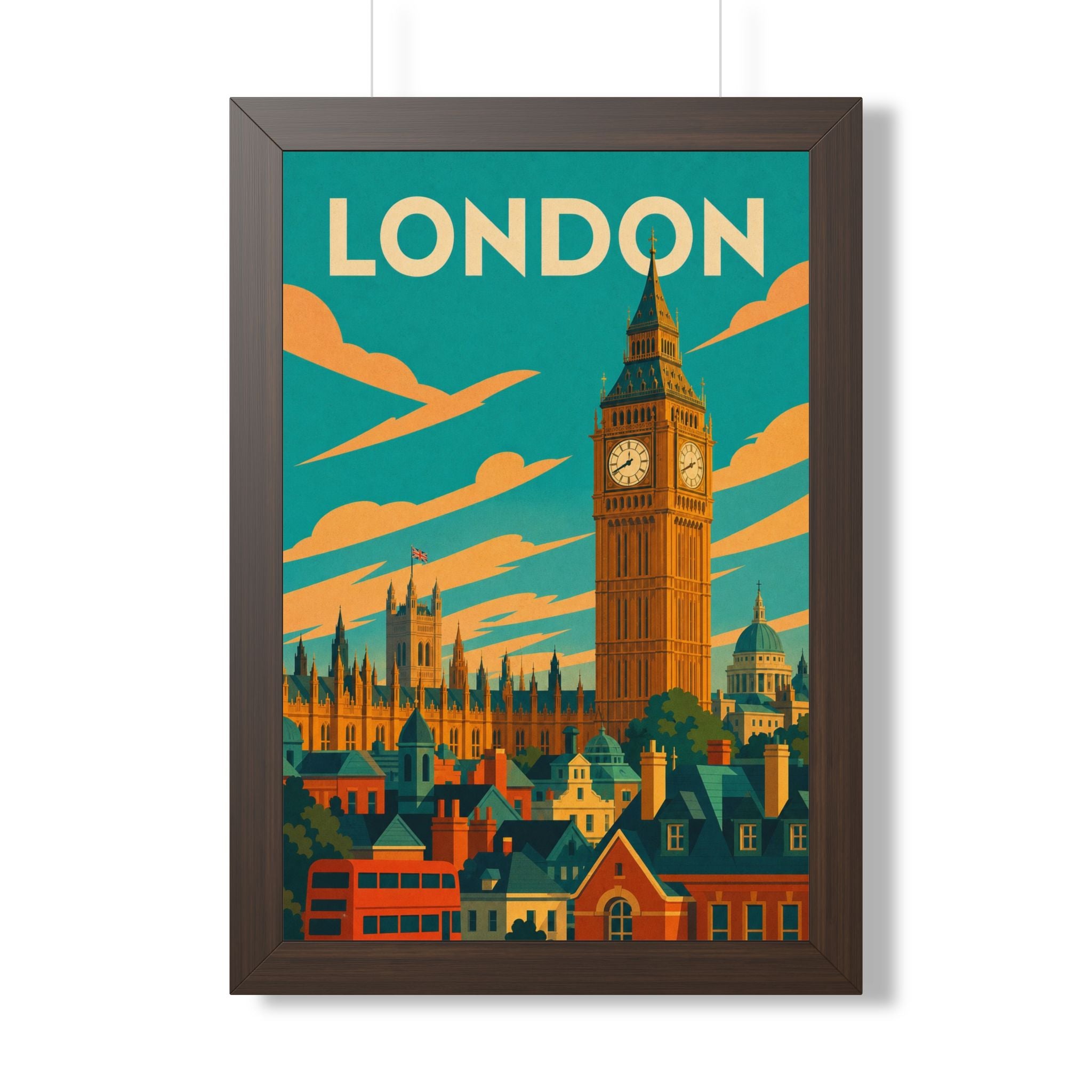 London Big Ben United Kingdom Framed Poster | Vintage Travel Wall Art | Black Walnut White Frame | 16x24 20x30