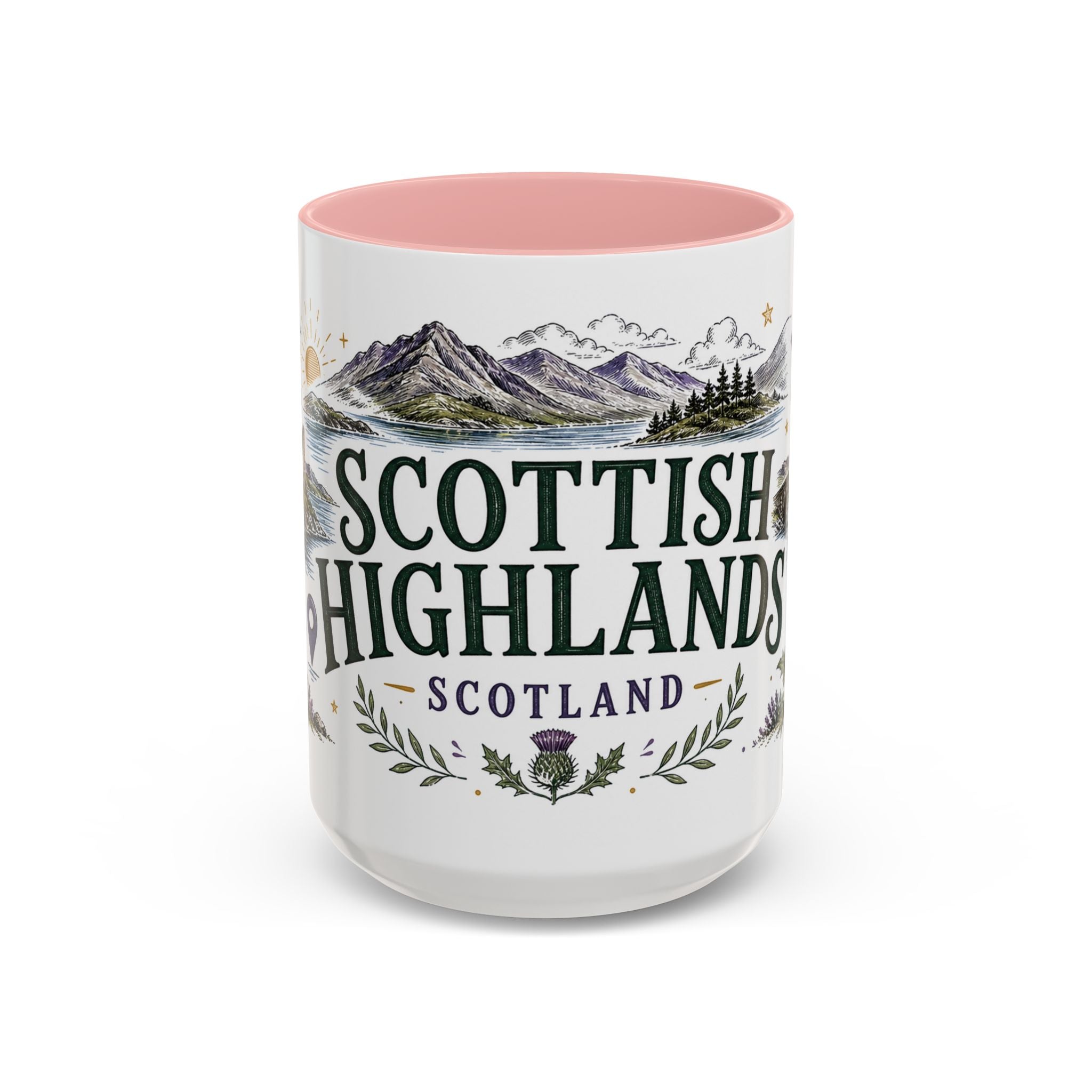 Scottish Highlands Coffee Mug | Travel Destination Souvenir Gift | Accent Color Ceramic 11oz 15oz