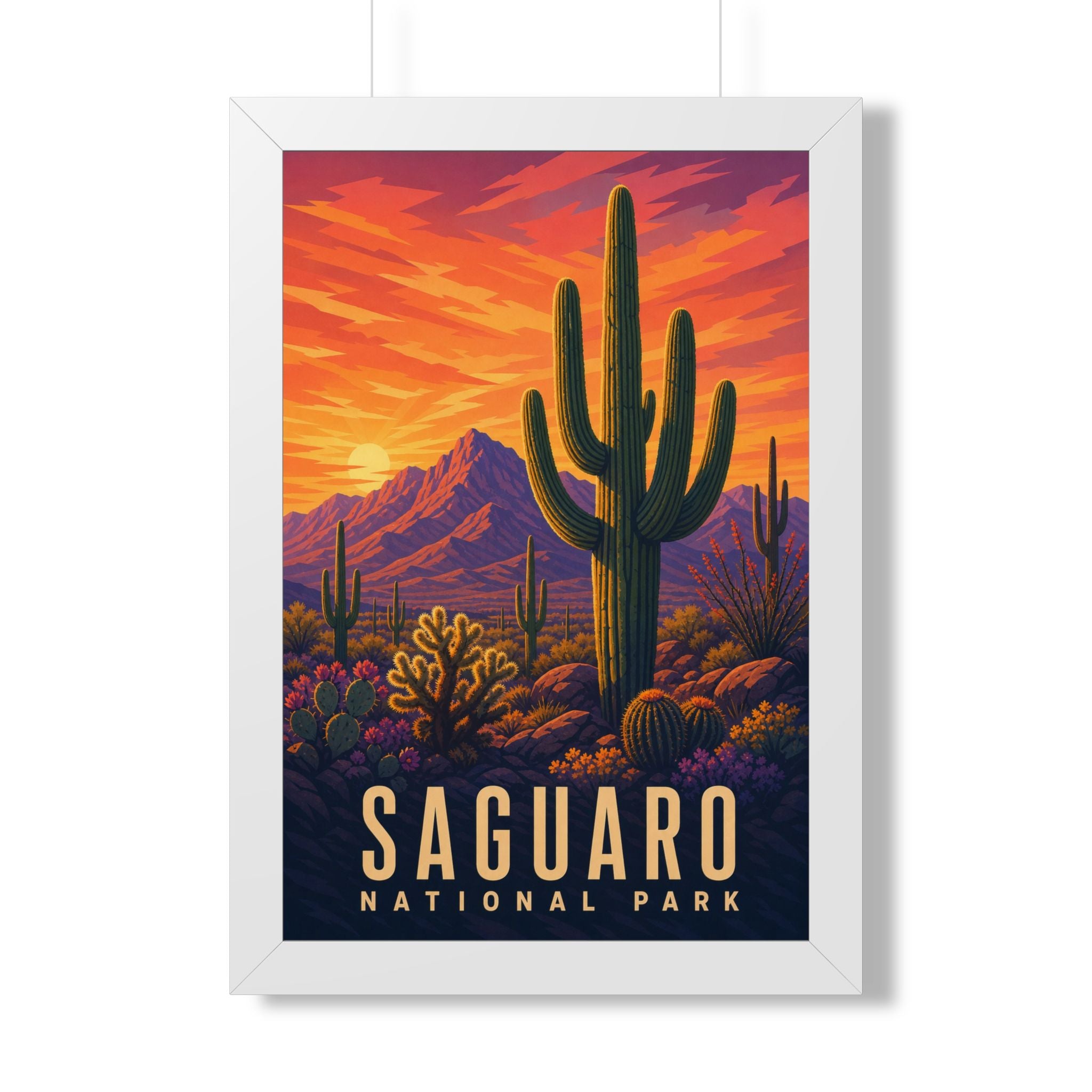 Saguaro National Park Framed Poster | Vintage Travel Wall Art | Black Walnut White Frame | 16x24 20x30