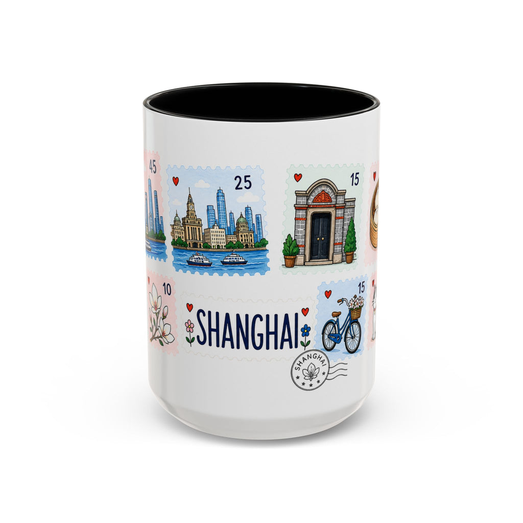 Shanghai Coffee Mug | Postage Stamp Collage Mug | Travel Souvenir Accent Cup 11oz 15oz