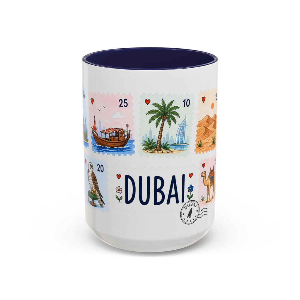Dubai Coffee Mug | Postage Stamp Collage Mug | Travel Souvenir Accent Cup 11oz 15oz
